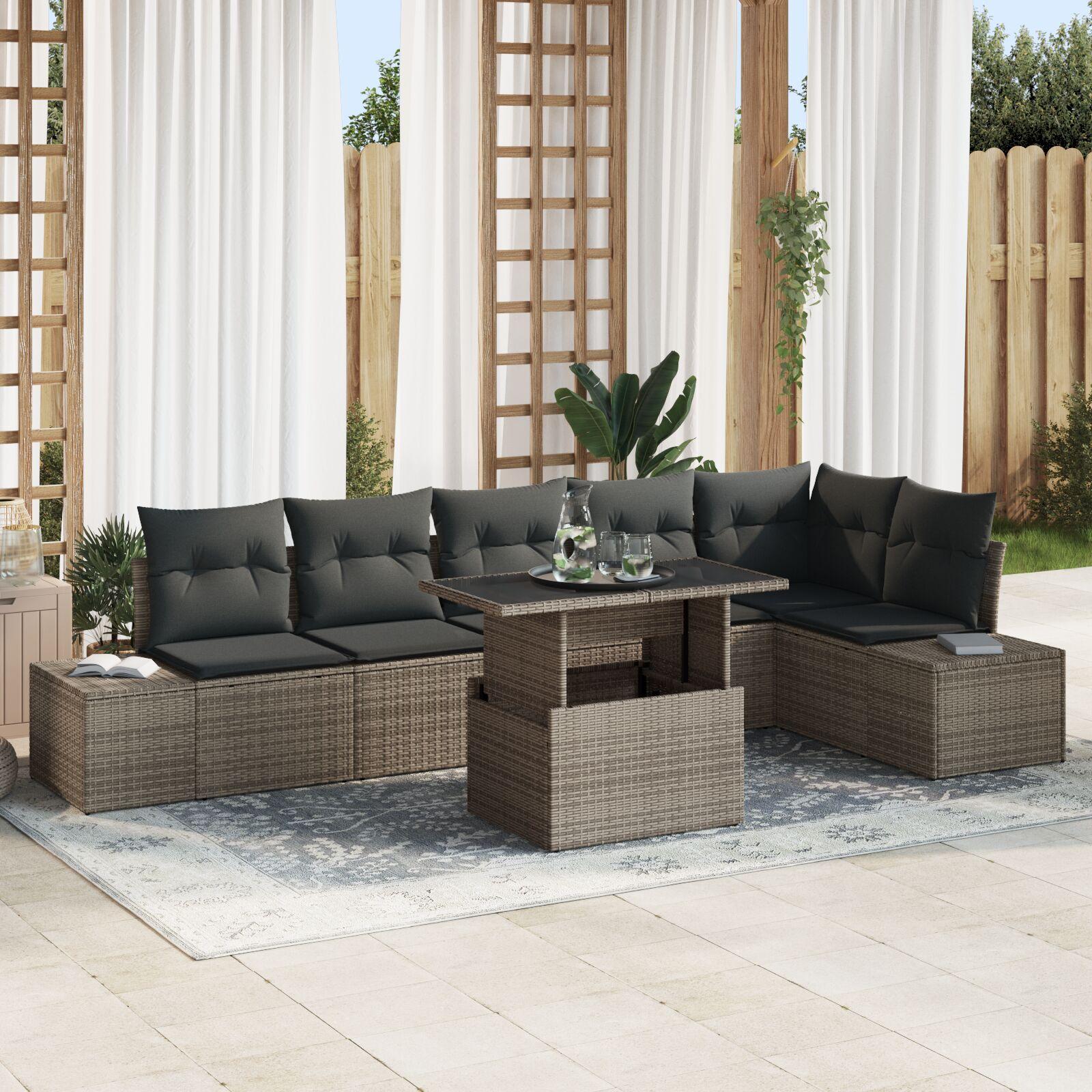 Havesofa Sæt 7 stk Grå Polyrattan og pulverlakeret stål og glas