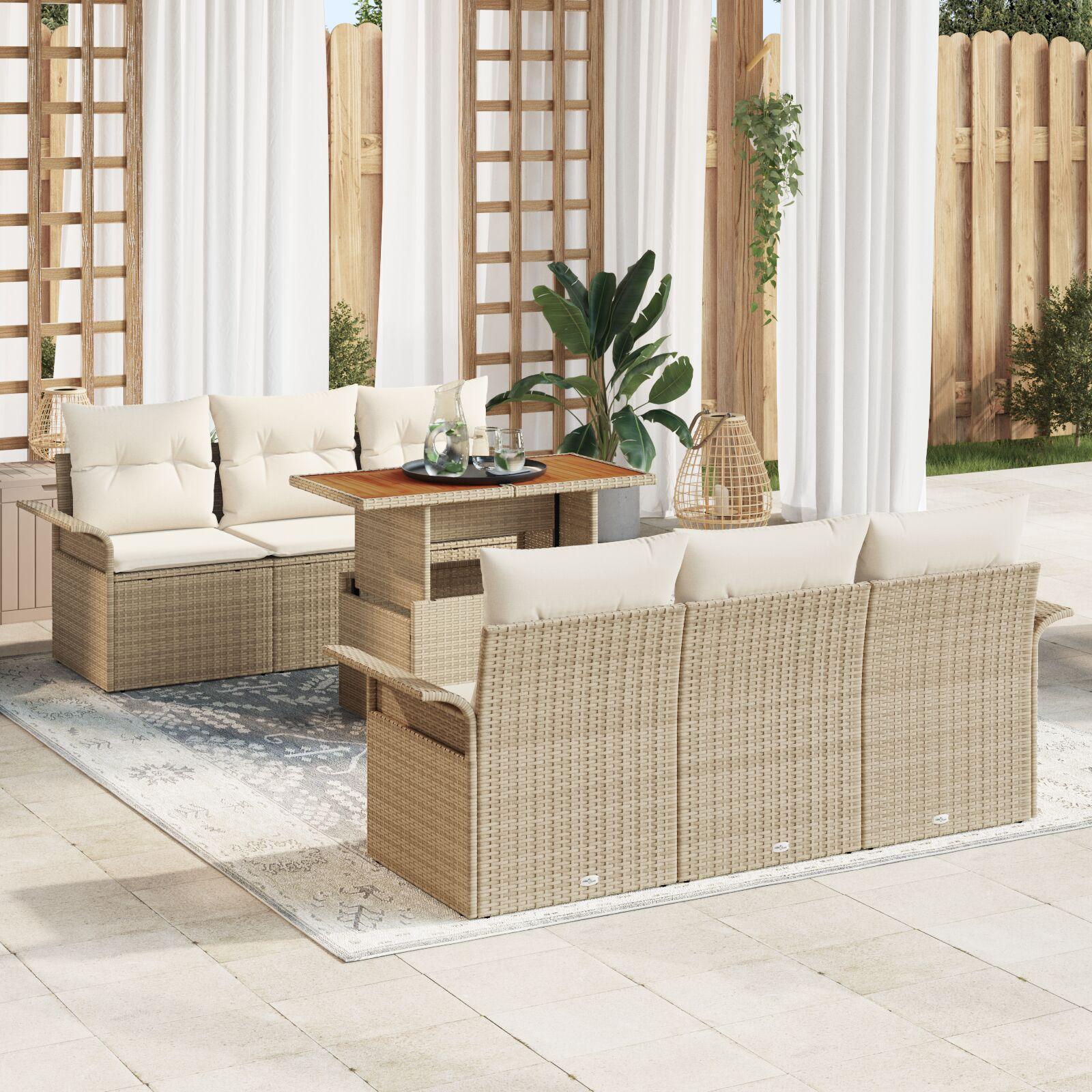 Havesofa sæt med puder 7 stk beige og cremefarvet polyrattan