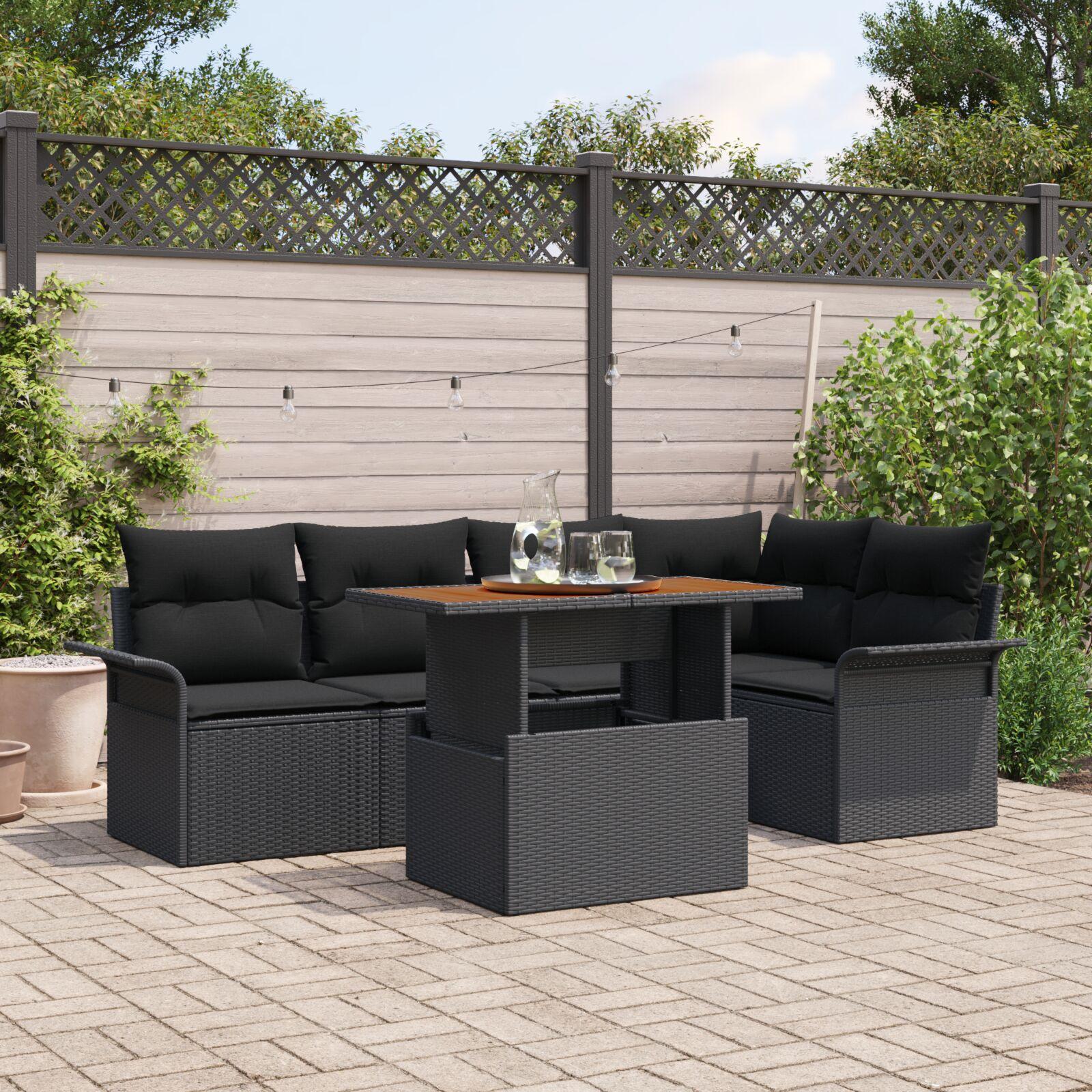 Havesofa Sæt med pude 6 stk Sort 100 x 55 x 73 cm