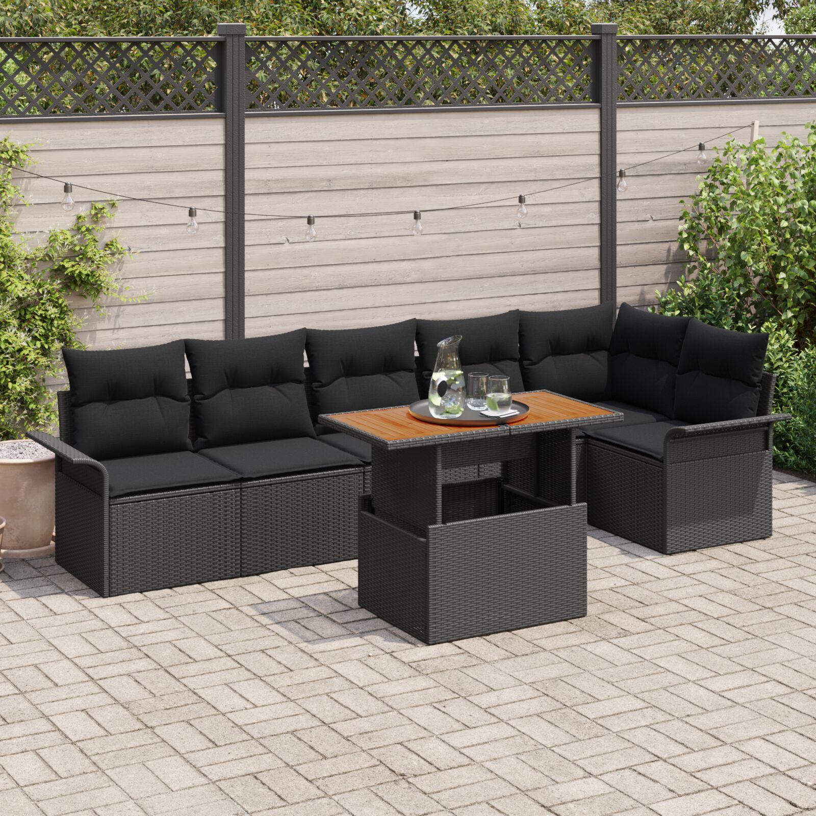 Havesofa Sæt med pude 7 stk Sort 100 x 55 x 73 cm