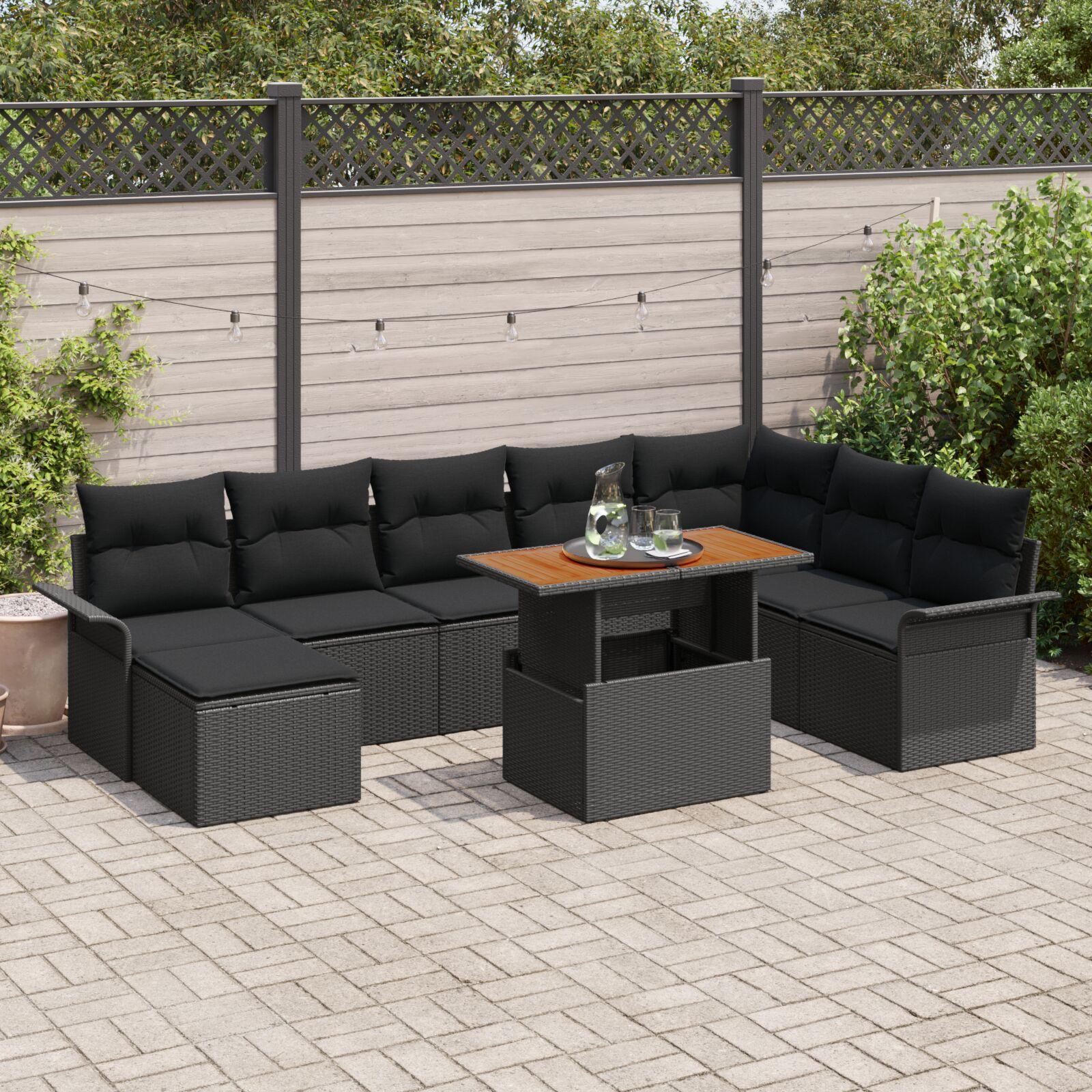 Havesofa Sæt 9 stk Sort Polyrattan og pulverlakeret stål