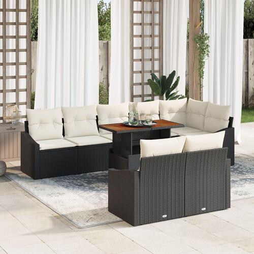9-delt have-spisestel med puder, sort poly rattan, akacia