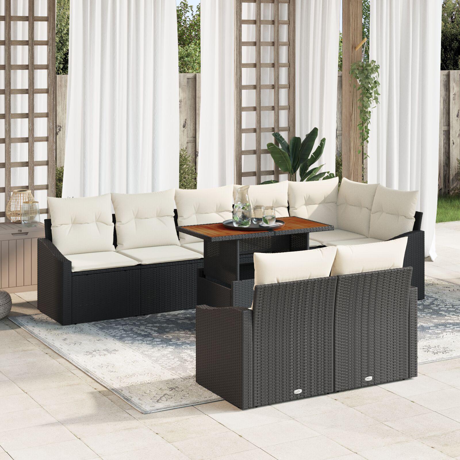 9-delt have-spisestel med puder, sort poly rattan, akacia