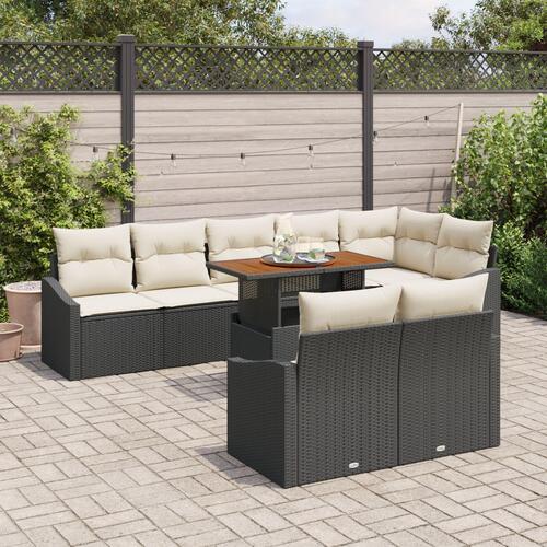 9-delt have-spisestel med puder, sort poly rattan, akacia