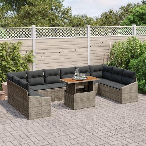 11 Piece Garden Dining Set with Cushions Grey Poly Rattan Acacia