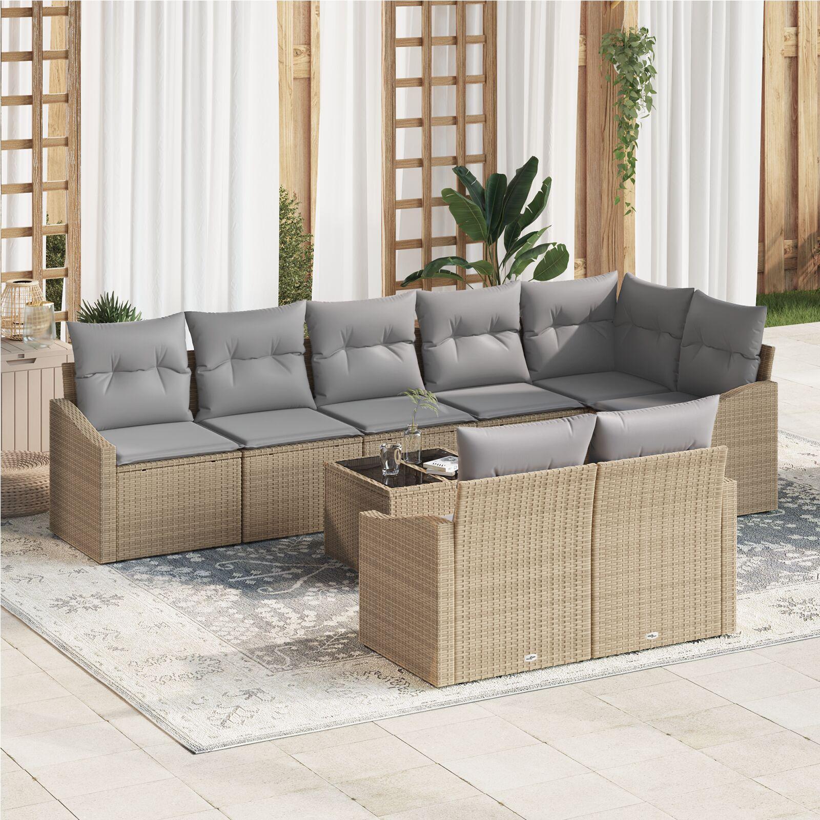 Havesofa sæt i polyrattan - 9 dele, beige/lysegrå, modulært loungesæt billede