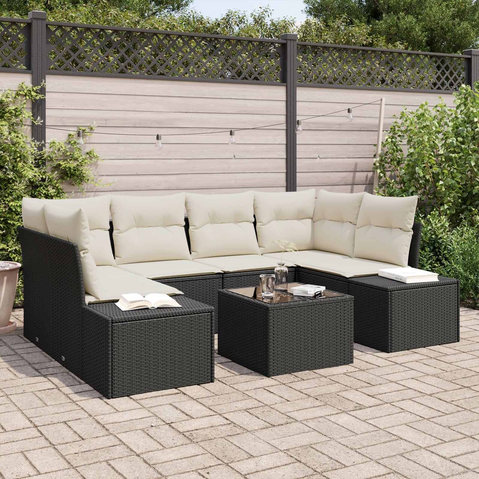 Havesofa Sæt med pude 7 stk Sort og Cream 55 x 55 x 37 cm