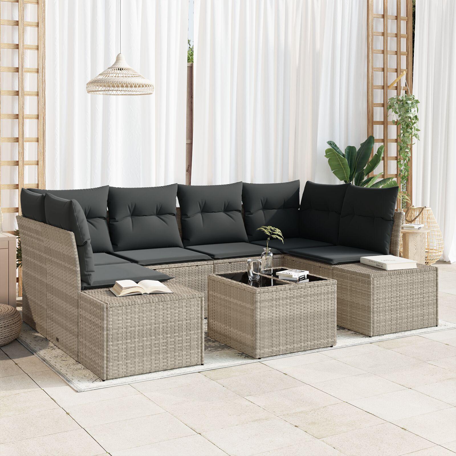 7-delt Havemøbler Sofasæt med Hynder Lys Grå Poly Rattan
