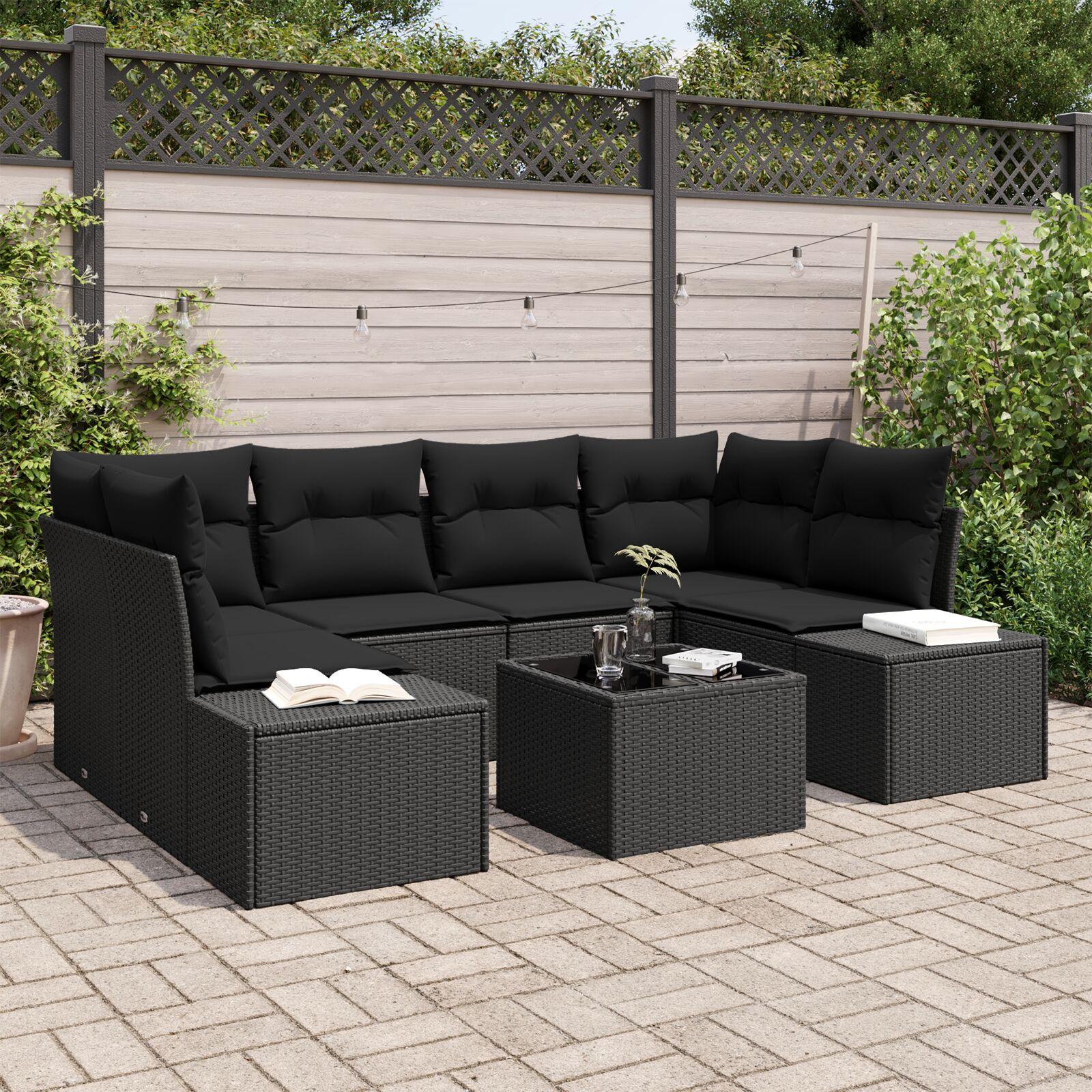 7-delt Have Sofa Sæt Med Pudebetræk Sort Poly Rattan