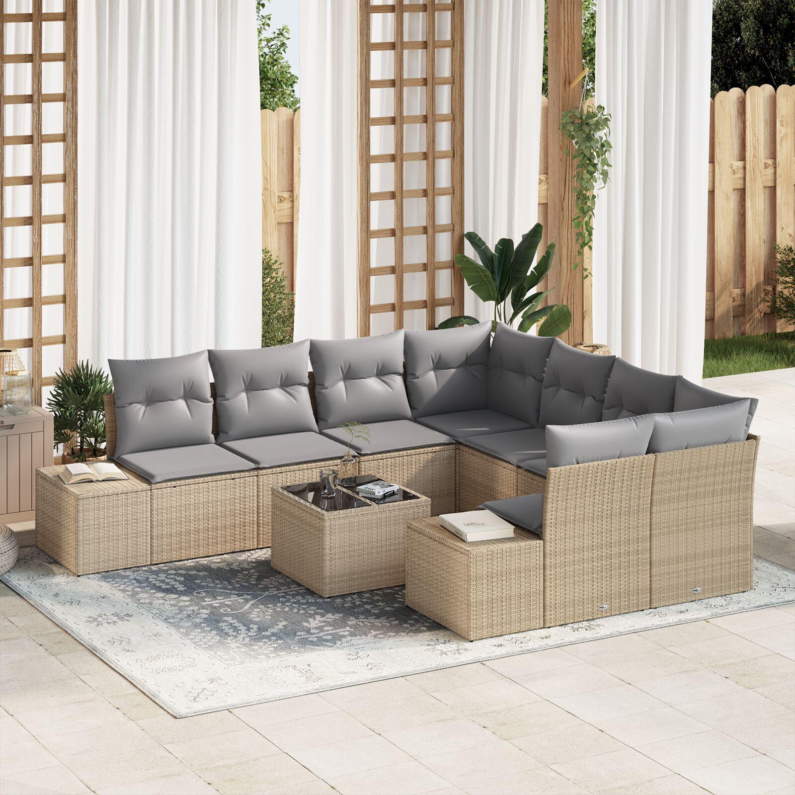 Havesofa Sæt med pude 9 stk Beige og grå 55 x 55 x 37 cm