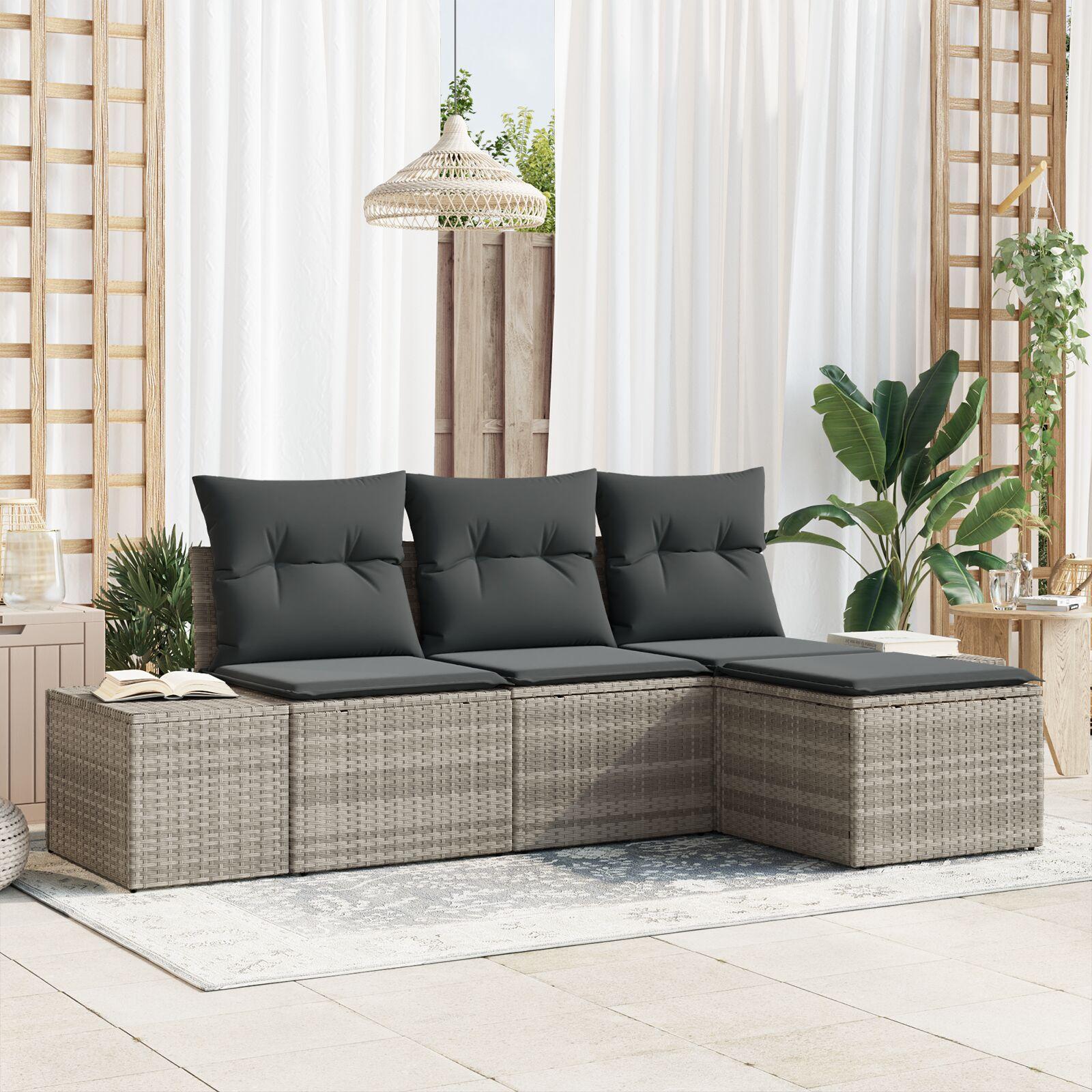 Havesofa-sæt med opbevaring - 4 dele i lysegrå polyrattan