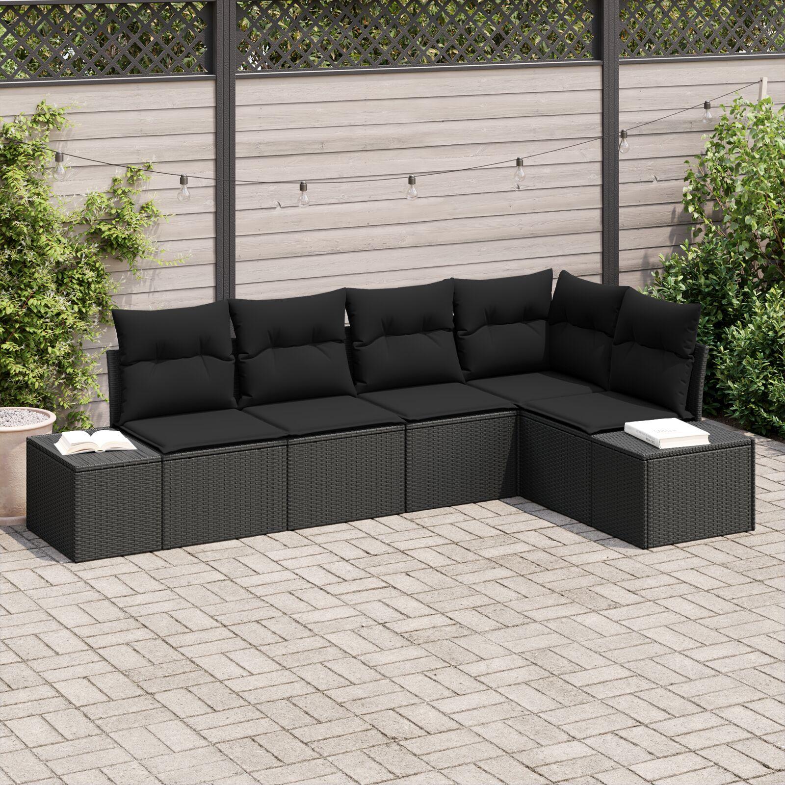 Havesofa Sæt 5 stk Sort Poly Rattan og pulverlakeret stål