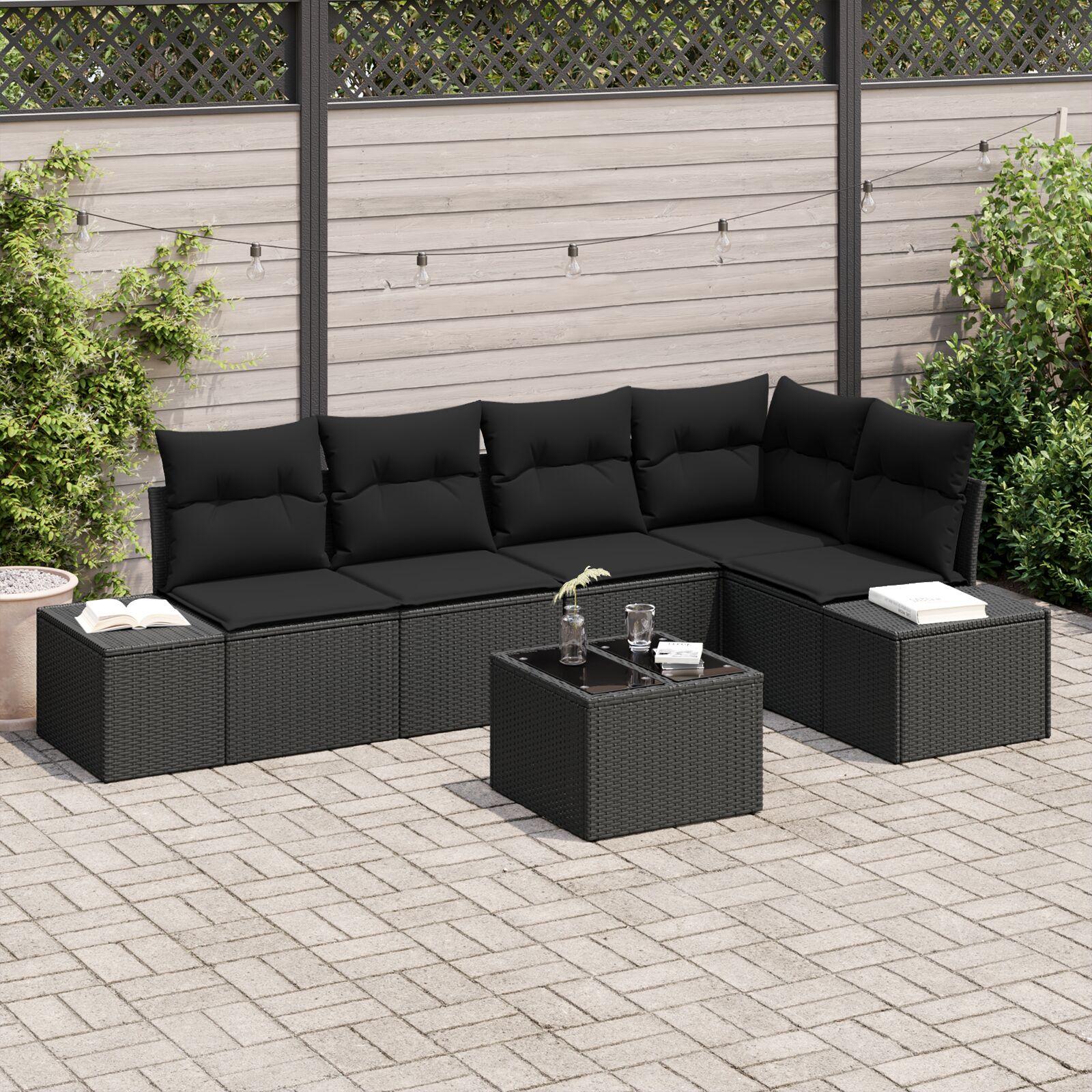 Havesofa Sæt 6 stk Sort Poly Rattan og pulverlakeret stål