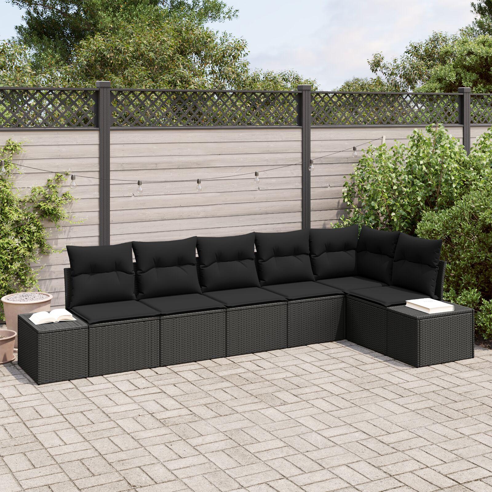 Havesofa Sæt 6 stk Sort Poly Rattan og pulverlakeret stål
