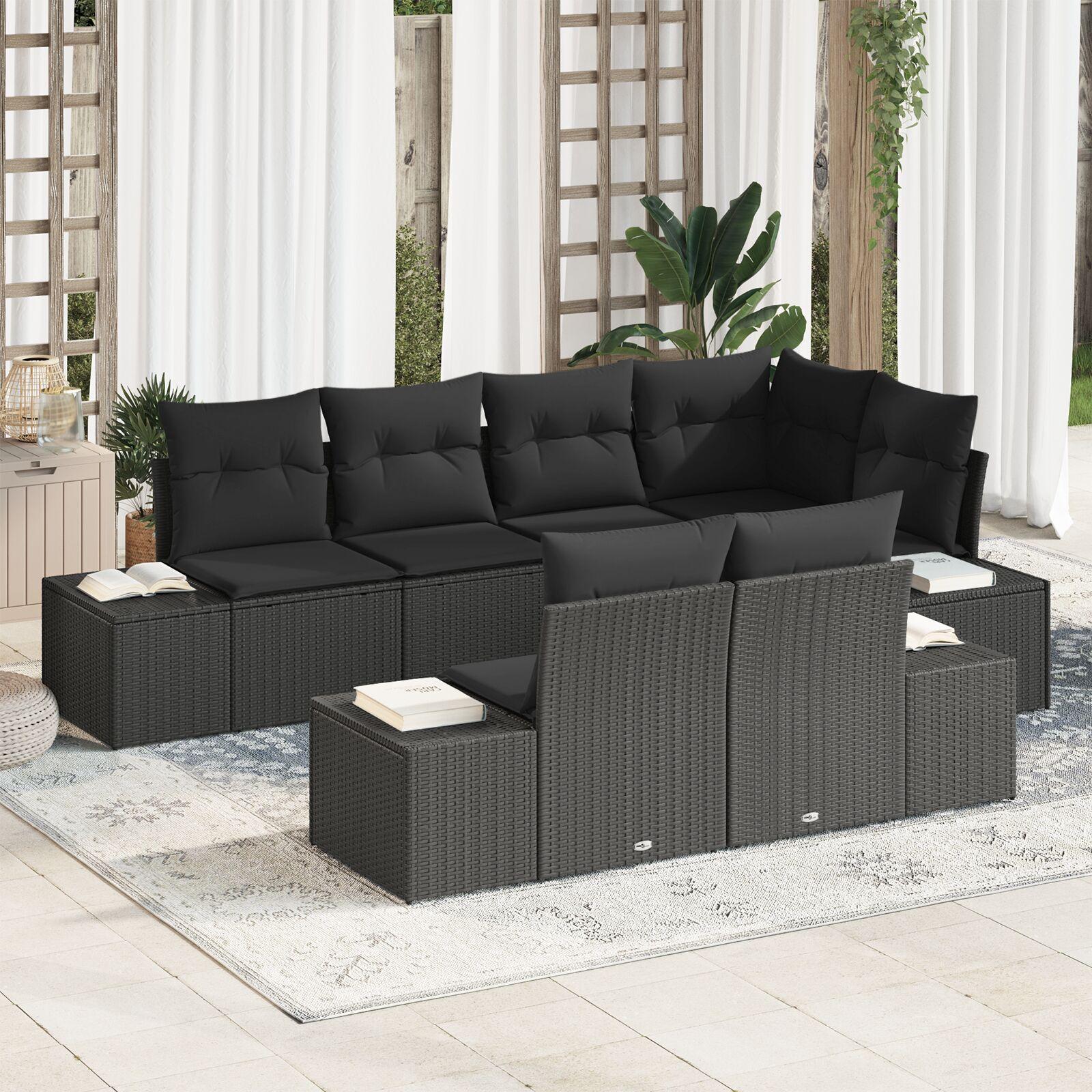 Havesofa Sæt 7 stk Sort Poly Rattan og pulverlakeret stål