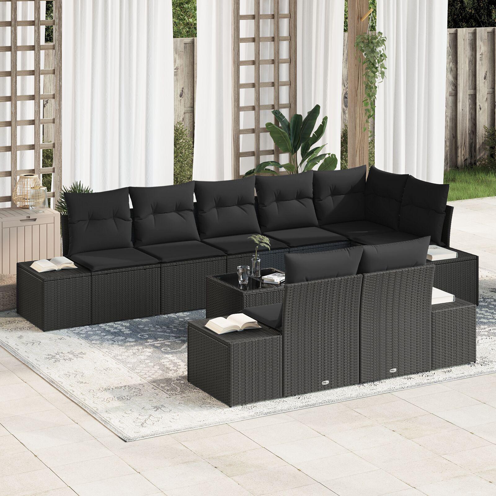Havesofa SÃ¦t med pude 9 stk Sort 319 x 154 x 85 cm Poly rattan