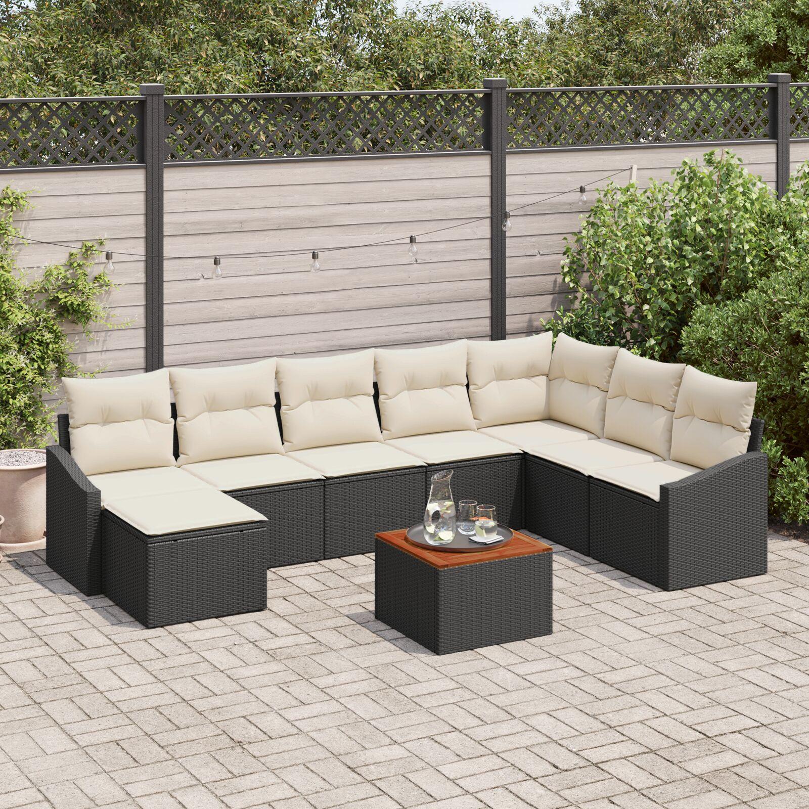 Havesofa sæt med opbevaring - 9 dele i sort/cream polyrattan