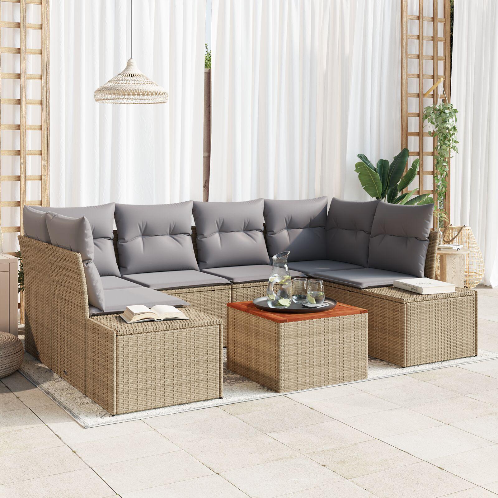 Havesofa Sæt Med Opbevaring 7 Dele Polyrattan - beige og lysegrå