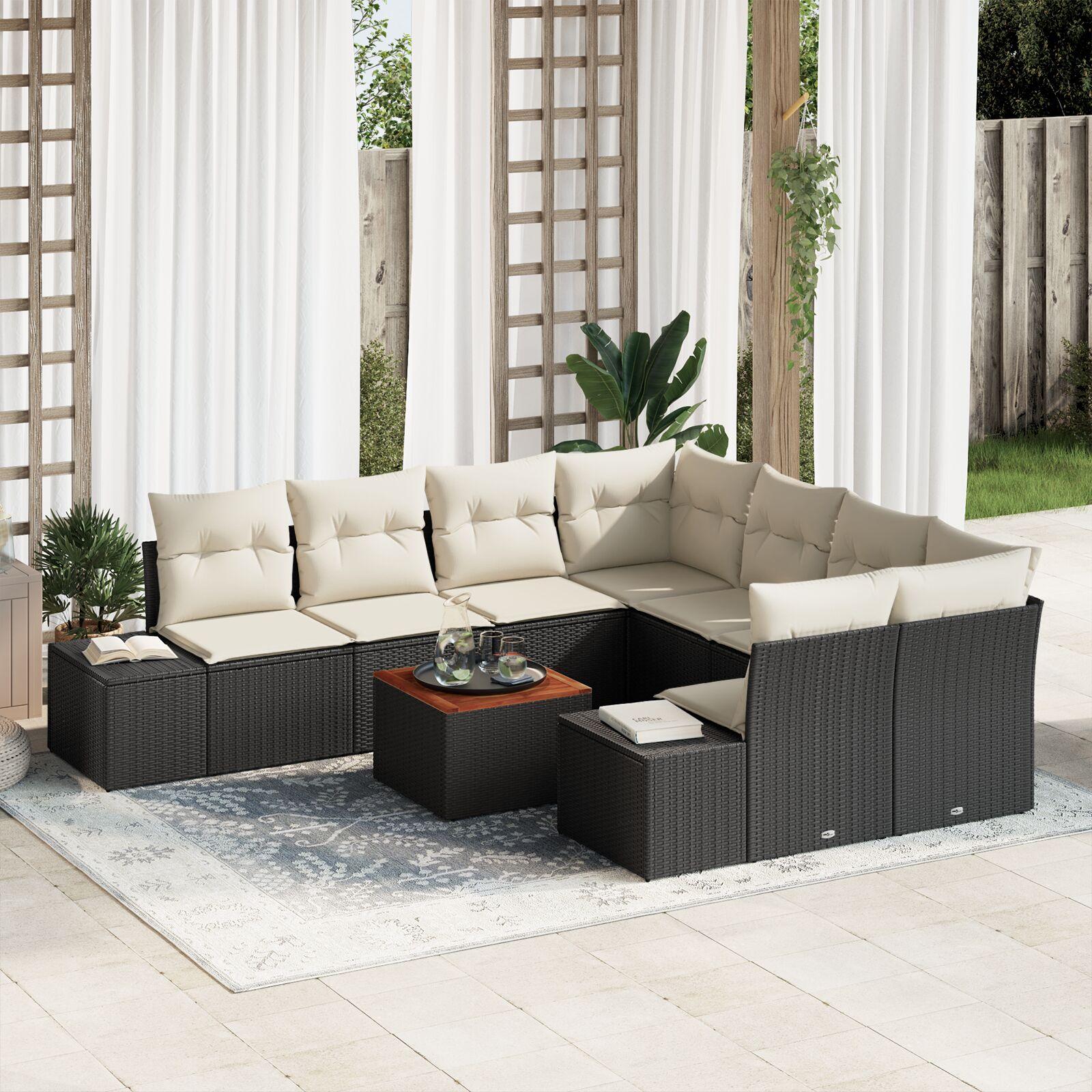 Havesofa sæt med opbevaring - 9 dele i sort/cream polyrattan