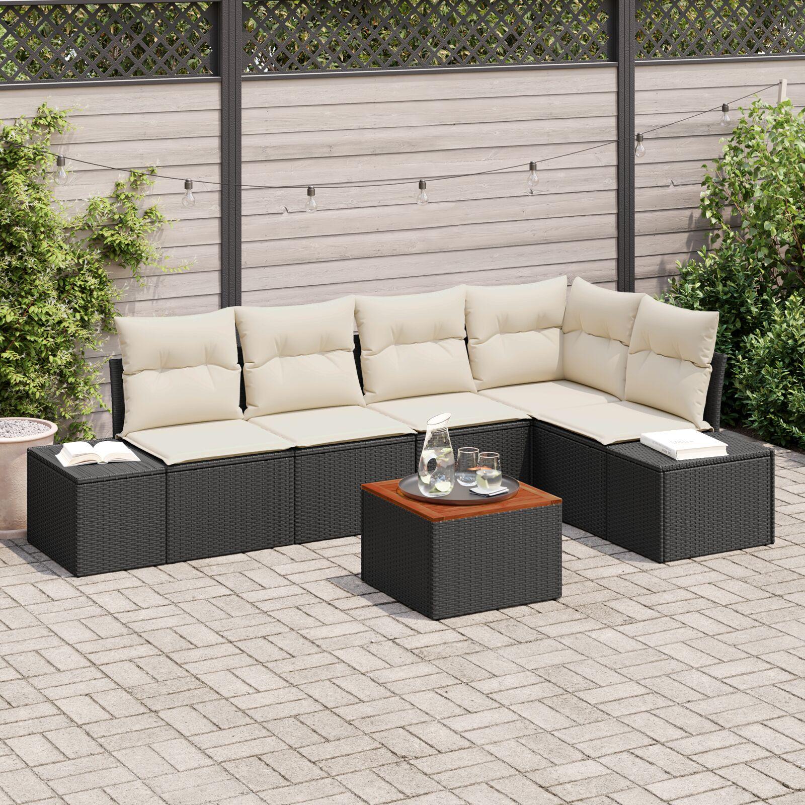 Modulært havesofasæt med opbevaring - 6 dele, sort/cream polyrattan
