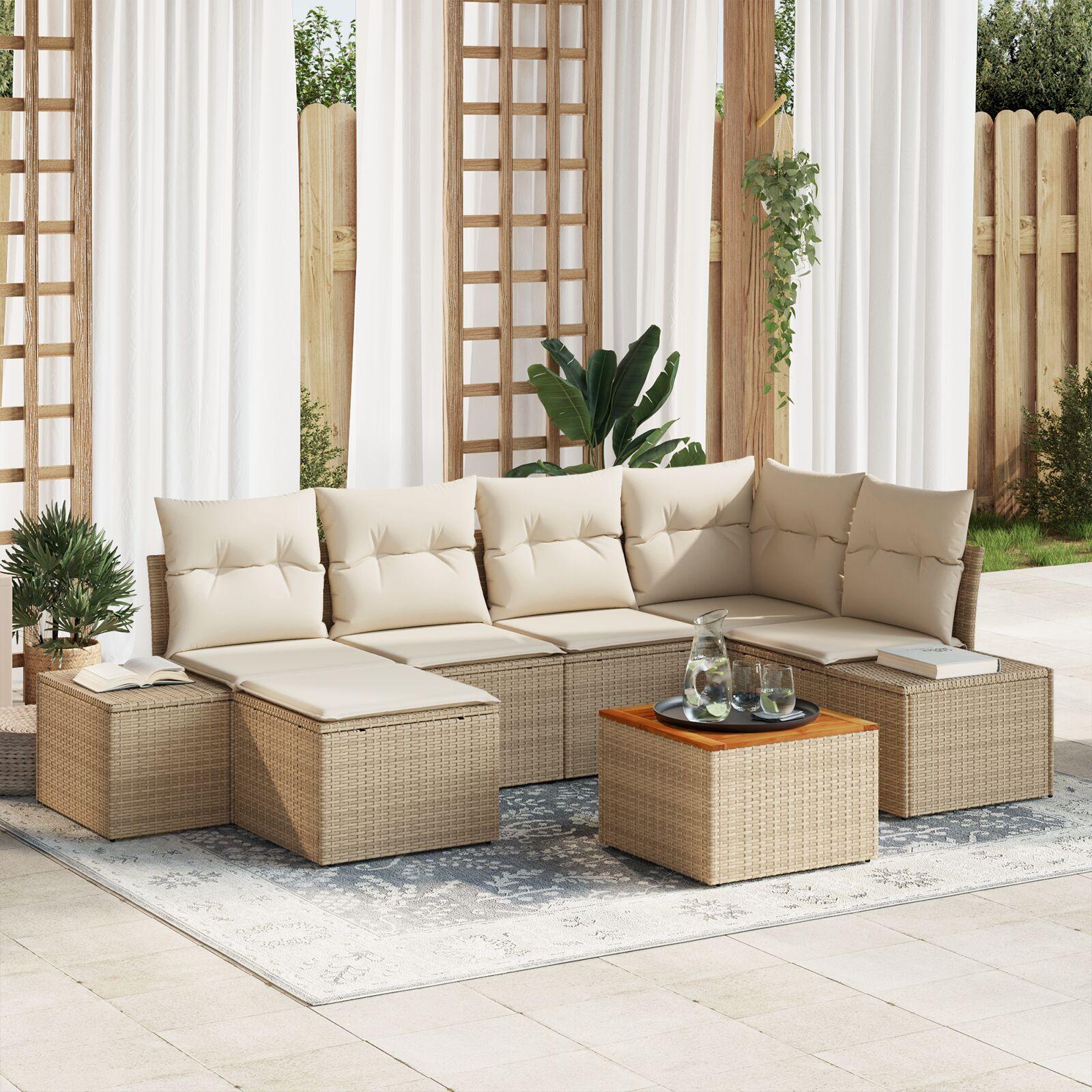 Havesofa sæt i polyrattan - 7 dele, beige og hvid, modulopbygget