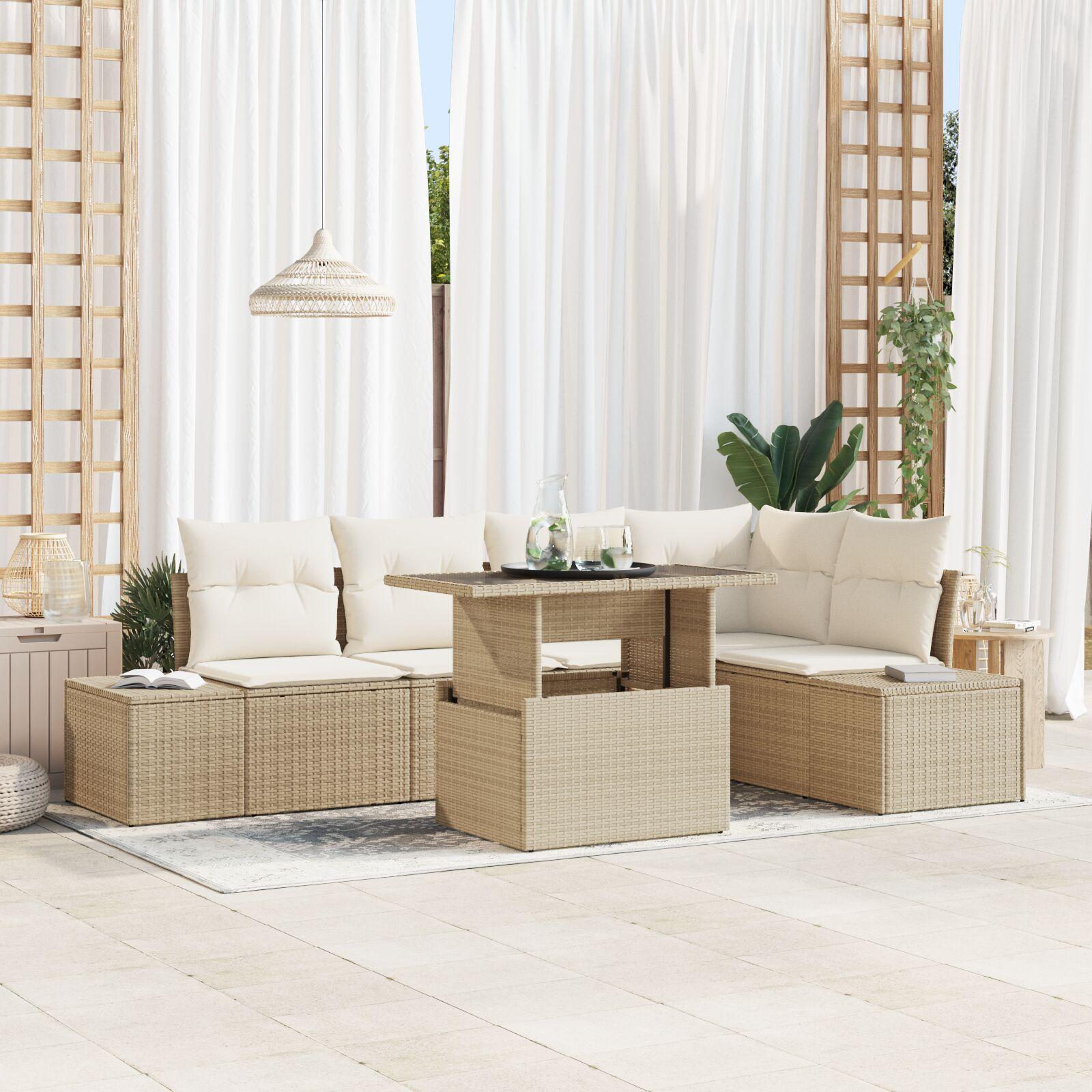 Havesofa Sæt med opbevaring 6 stk Beige Poly rattan
