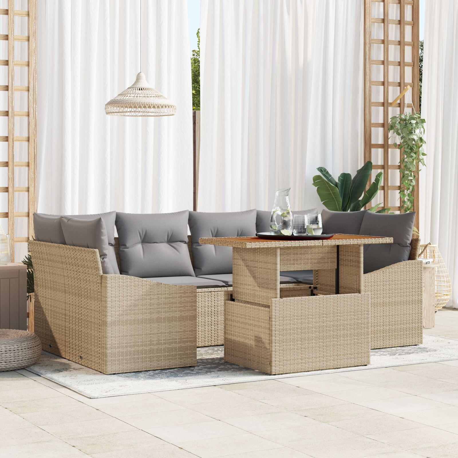 Havesofa sÃ¦t med opbevaring - 7 dele i beige polyrattan