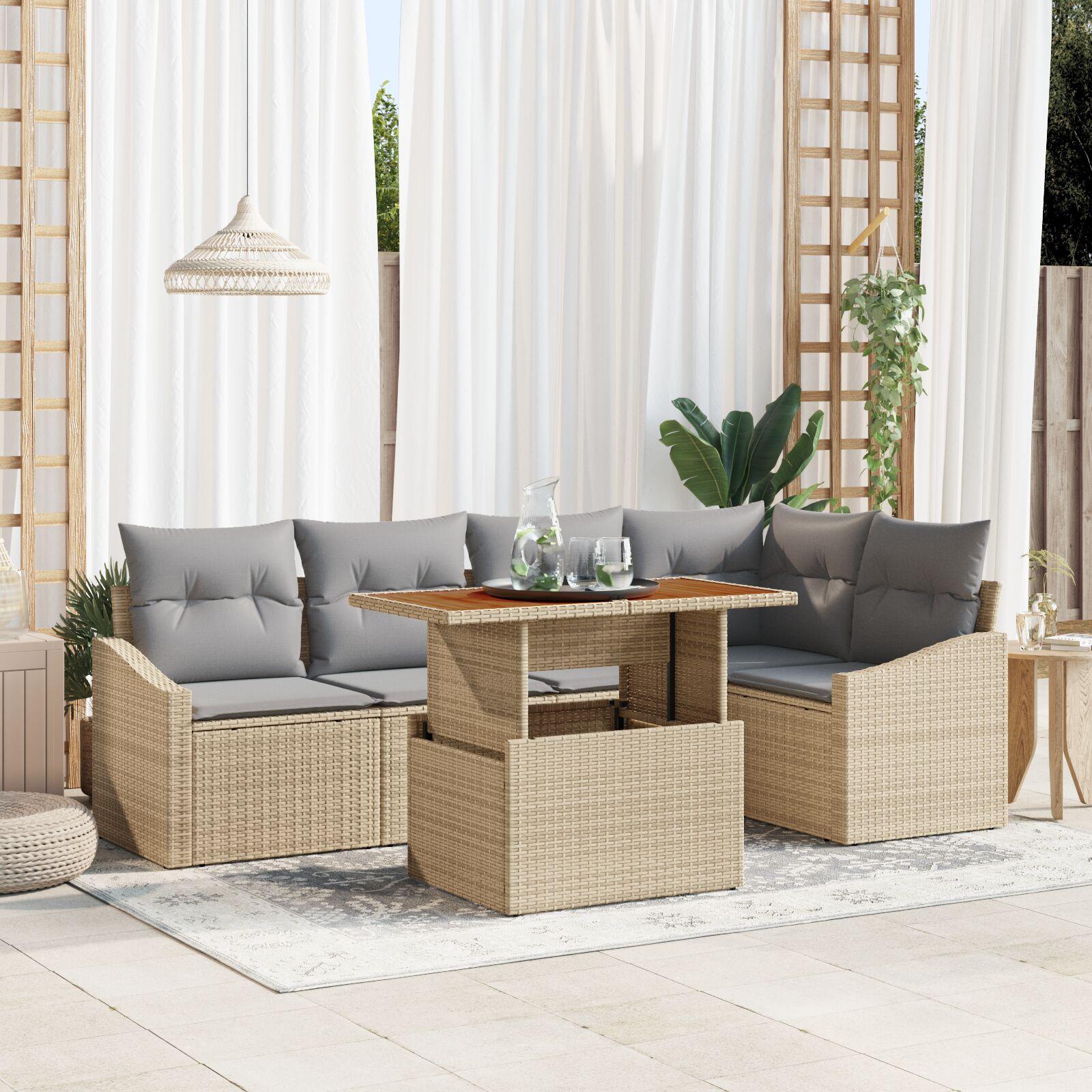 Havesofa-sæt med opbevaring, 6 dele - beige polyrattan