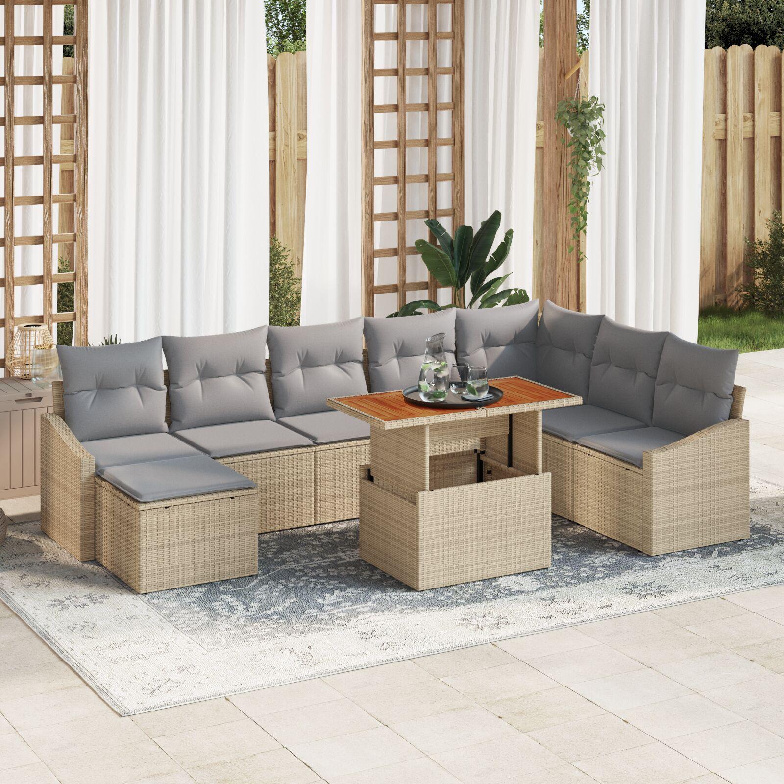 Havesofa sæt med opbevaring - 9 dele i beige polyrattan