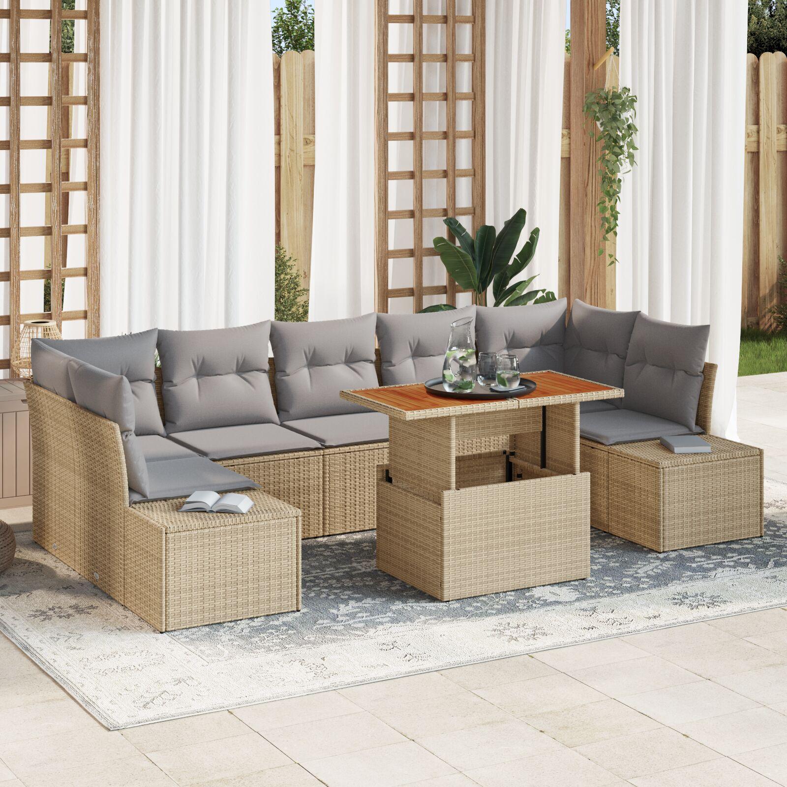 Havesofa Sæt Med Opbevaring 8 Dele Poly Rattan - beige og lysegrå