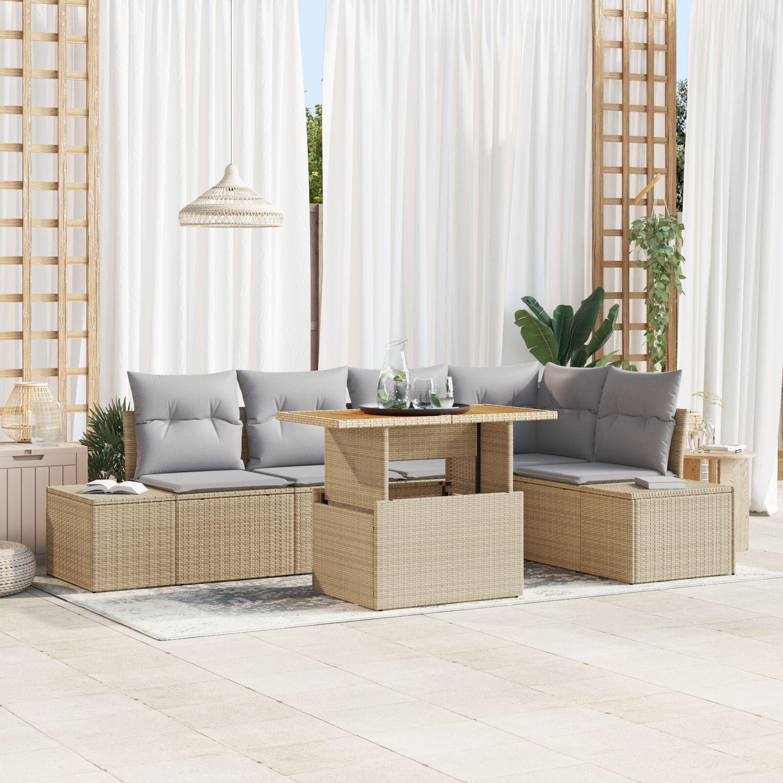 Havesofa Sæt Med Opbevaring 6 Dele Poly Rattan - beige og lysegrå