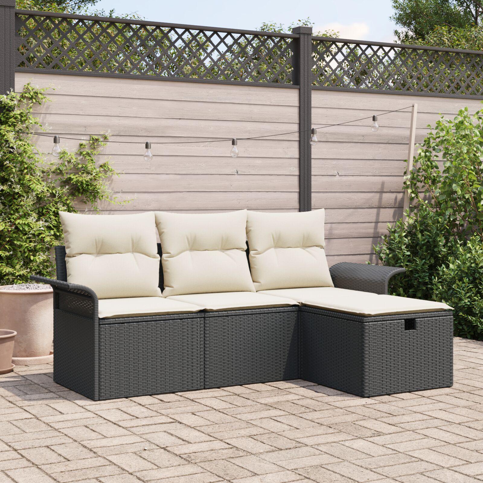 Havesofa Sæt med pude 4 stk Sort og cremefarvet Poly rattan