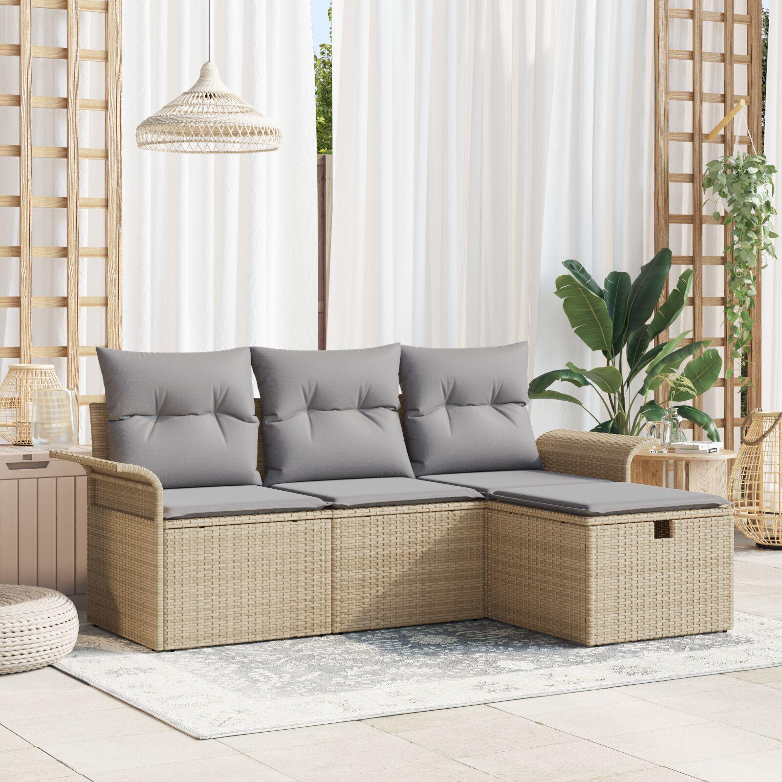 Havesofa Sæt med pude 4 stk beige og lysegrå Poly rattan
