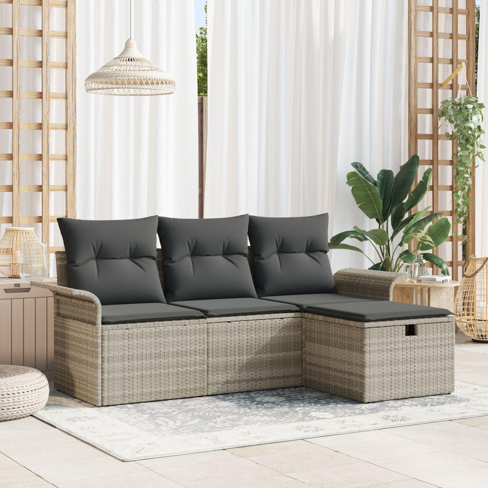 Havesofa SÃ¦t med pude med opbevaring 4 stk LysegrÃ¥ Poly rattan