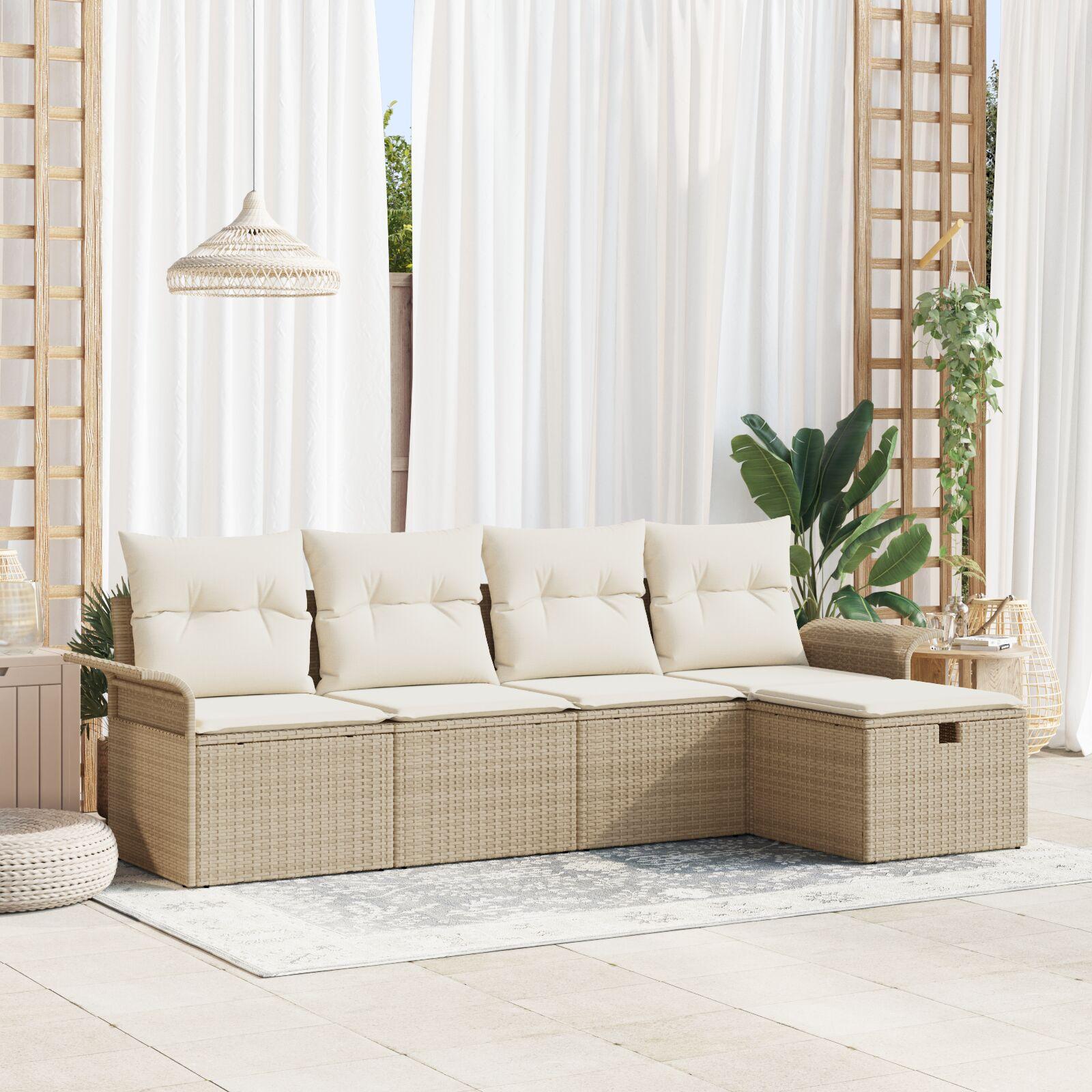 Havesofa sæt i polyrattan med puder 5 dele - beige og creme