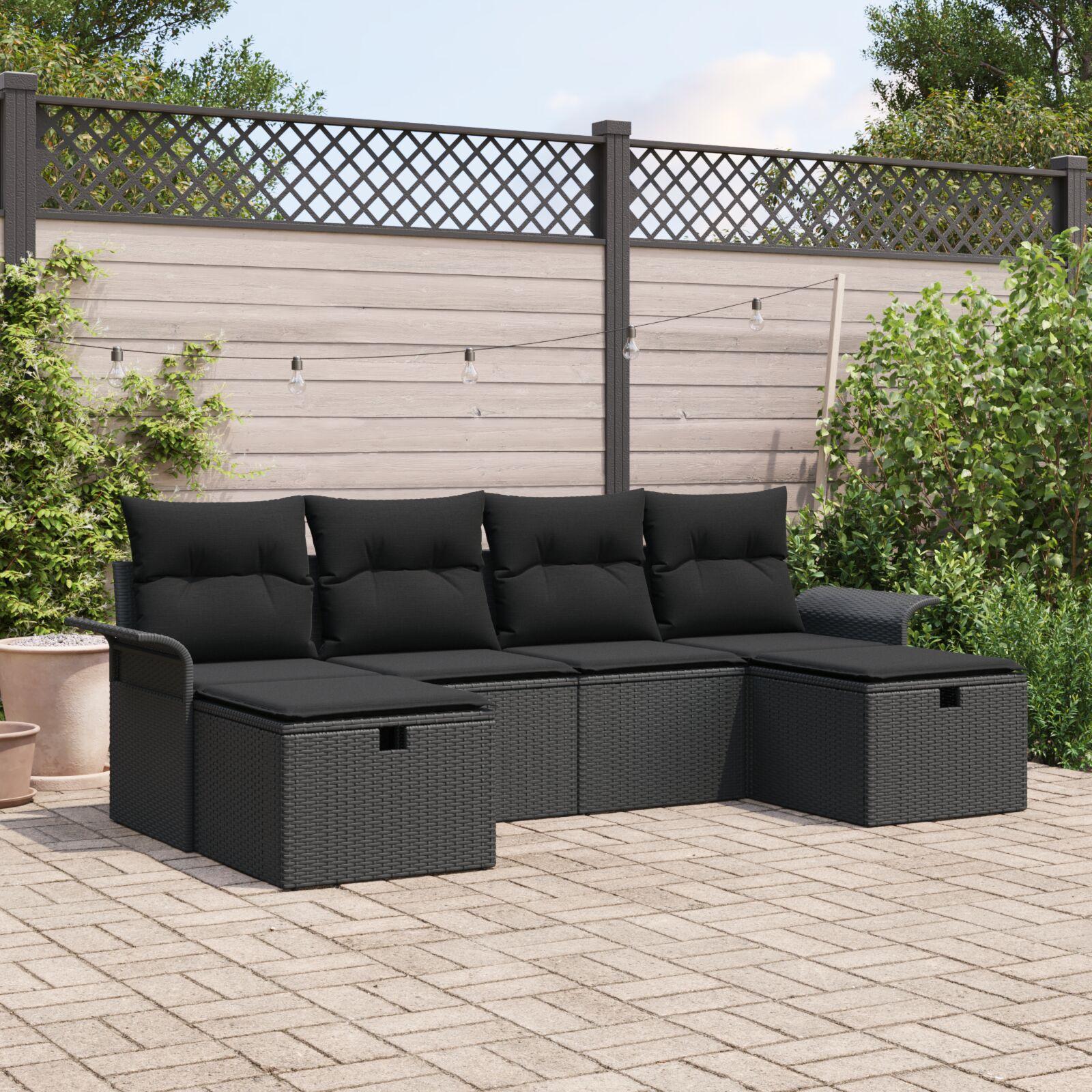 Havesofa SÃ¦t med pude 6 stk Sort 251 x 117 x 85 cm Poly rattan