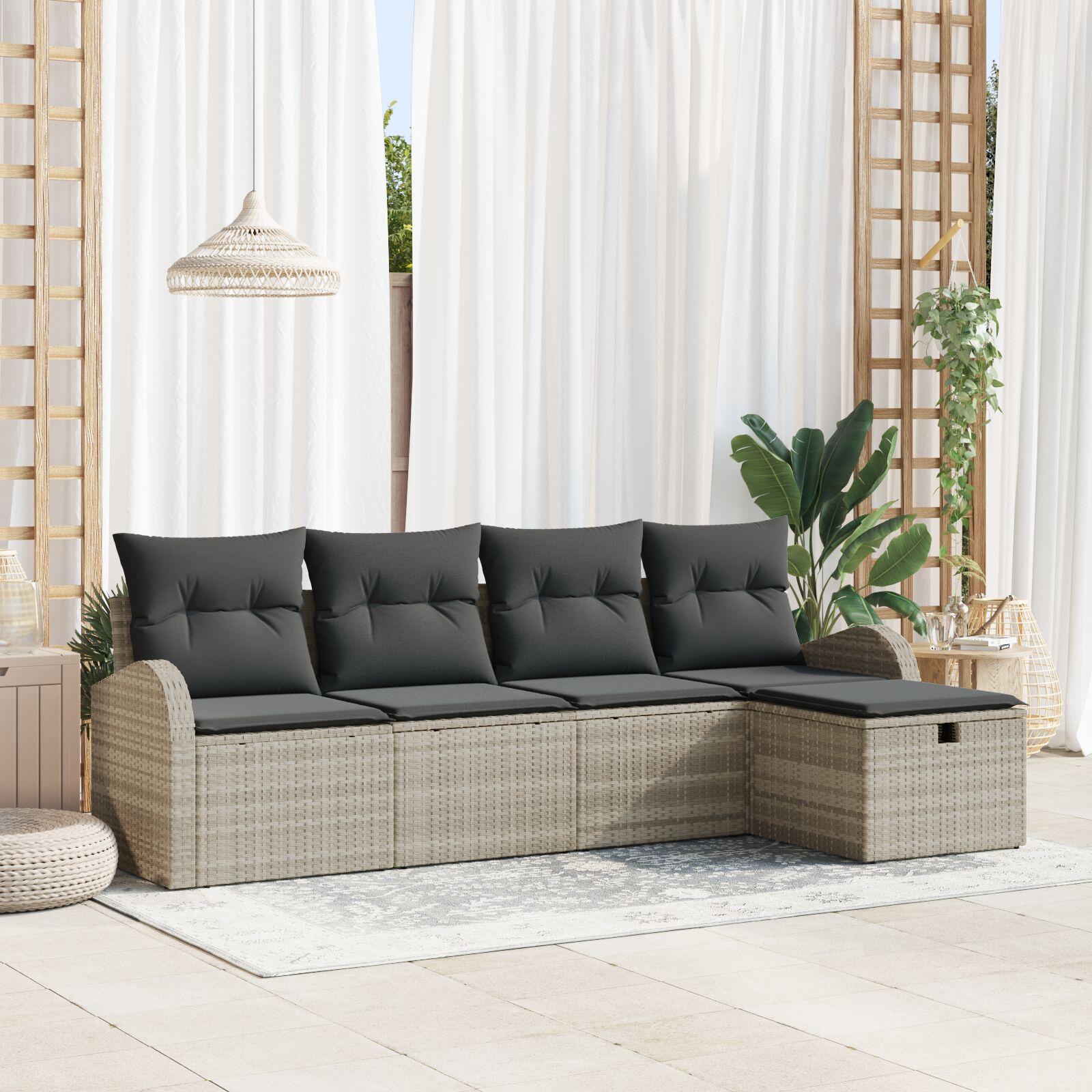 Modulært sofasæt med opbevaring og puder i lysegrå polyrattan