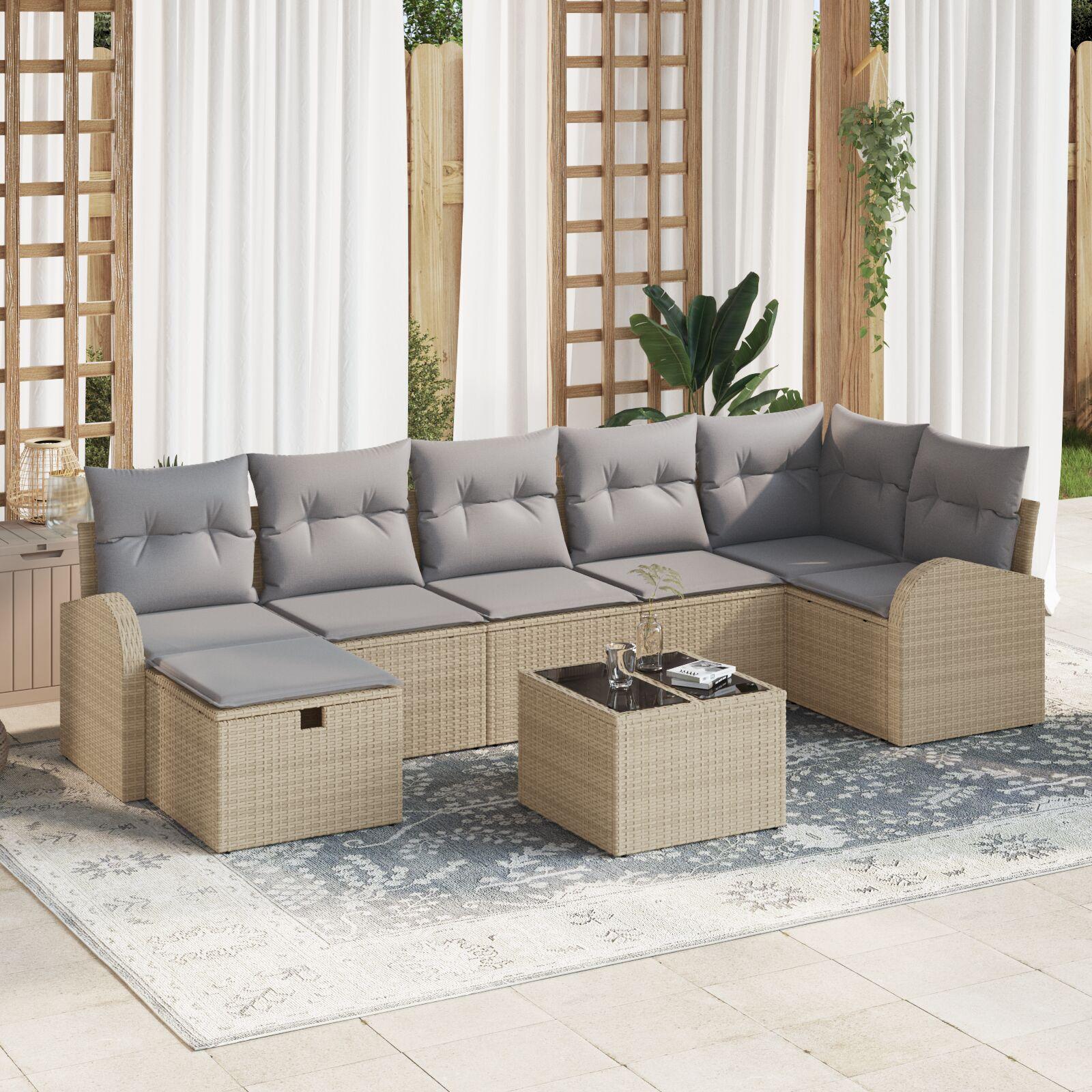 Sofa sæt med opbevaring i polyrattan med puder beige og lys grå