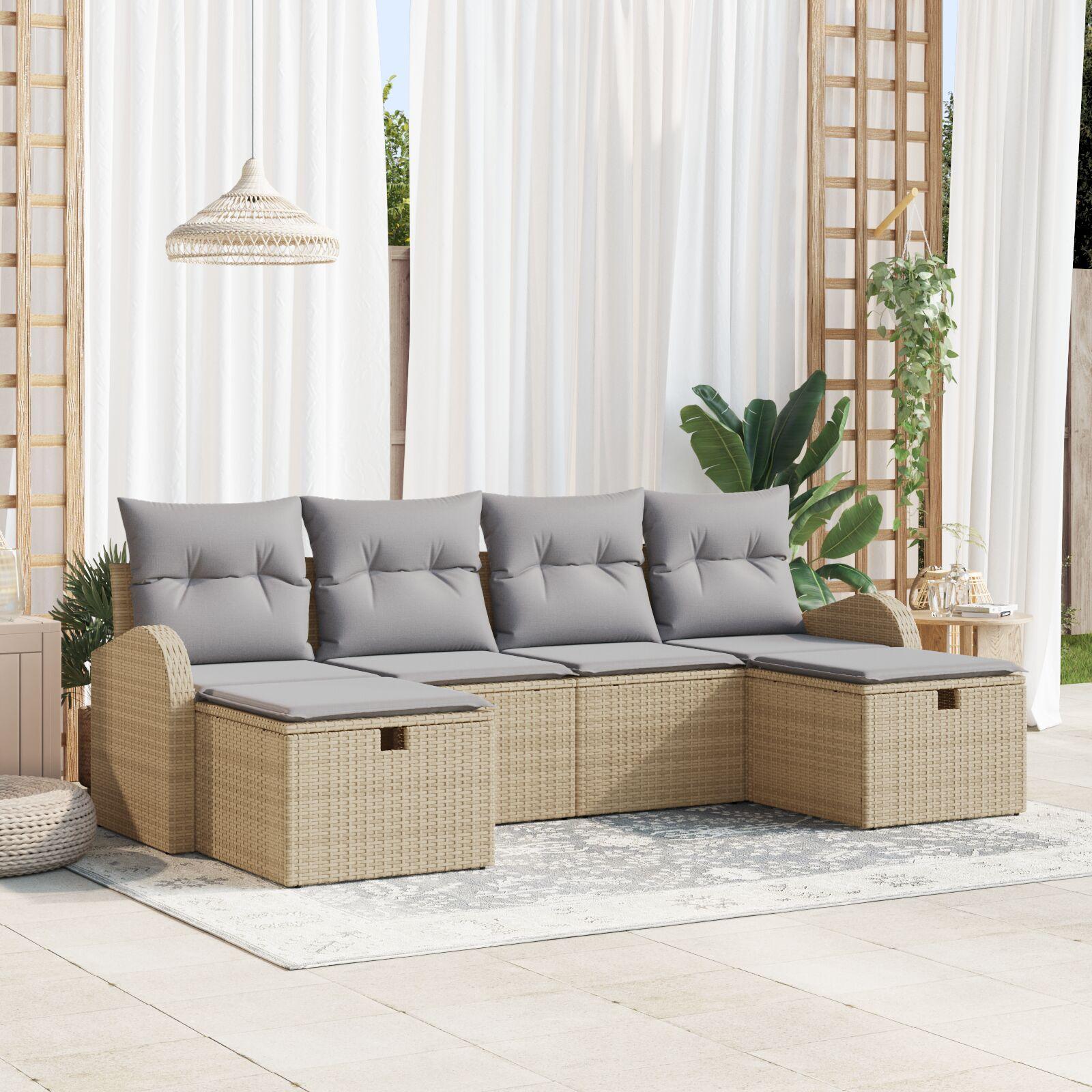 Havemøbelsæt sofa 6 stk. i beige og lys grå med opbevaring