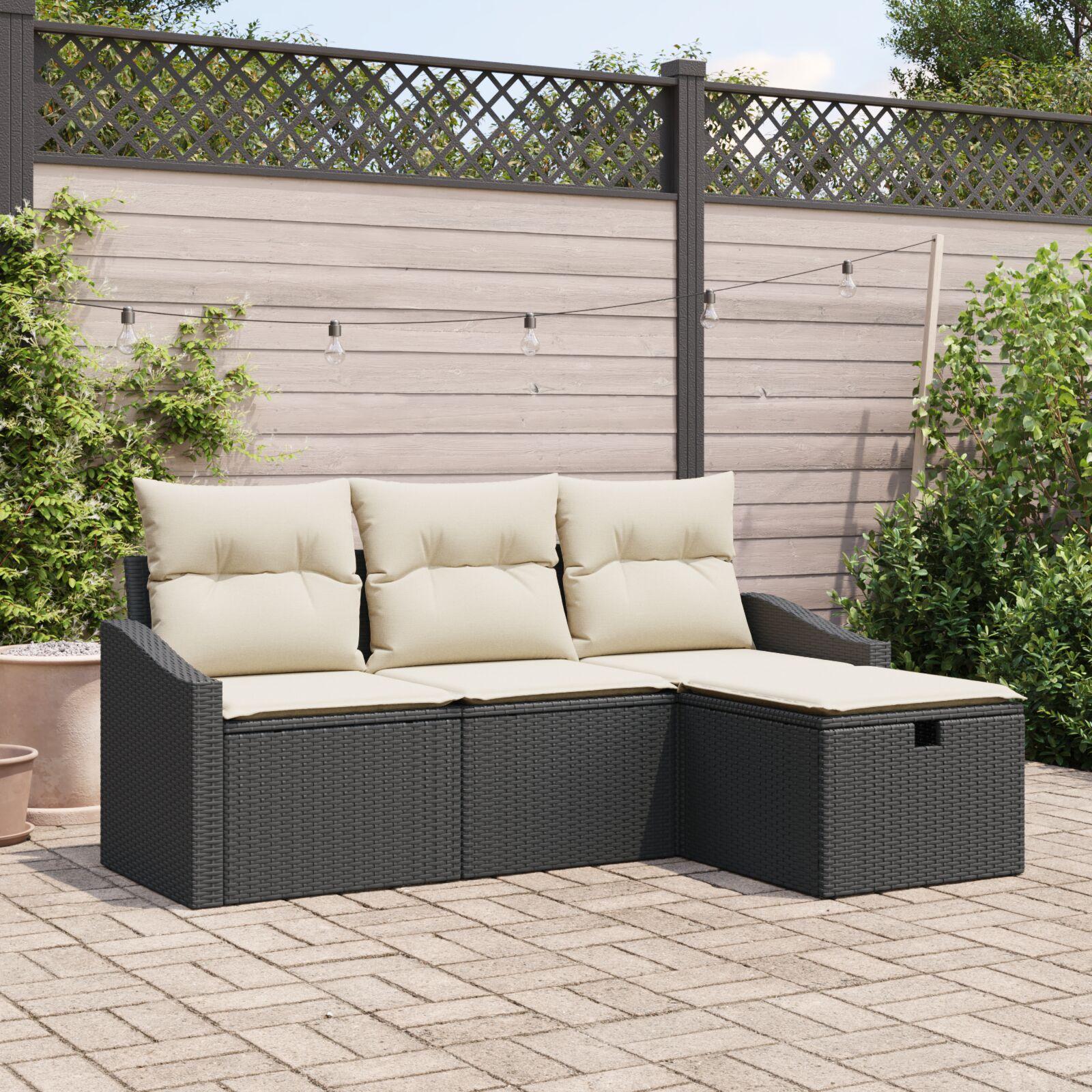 Havesofa Sæt med pude 4 stk Sort Poly rattan
