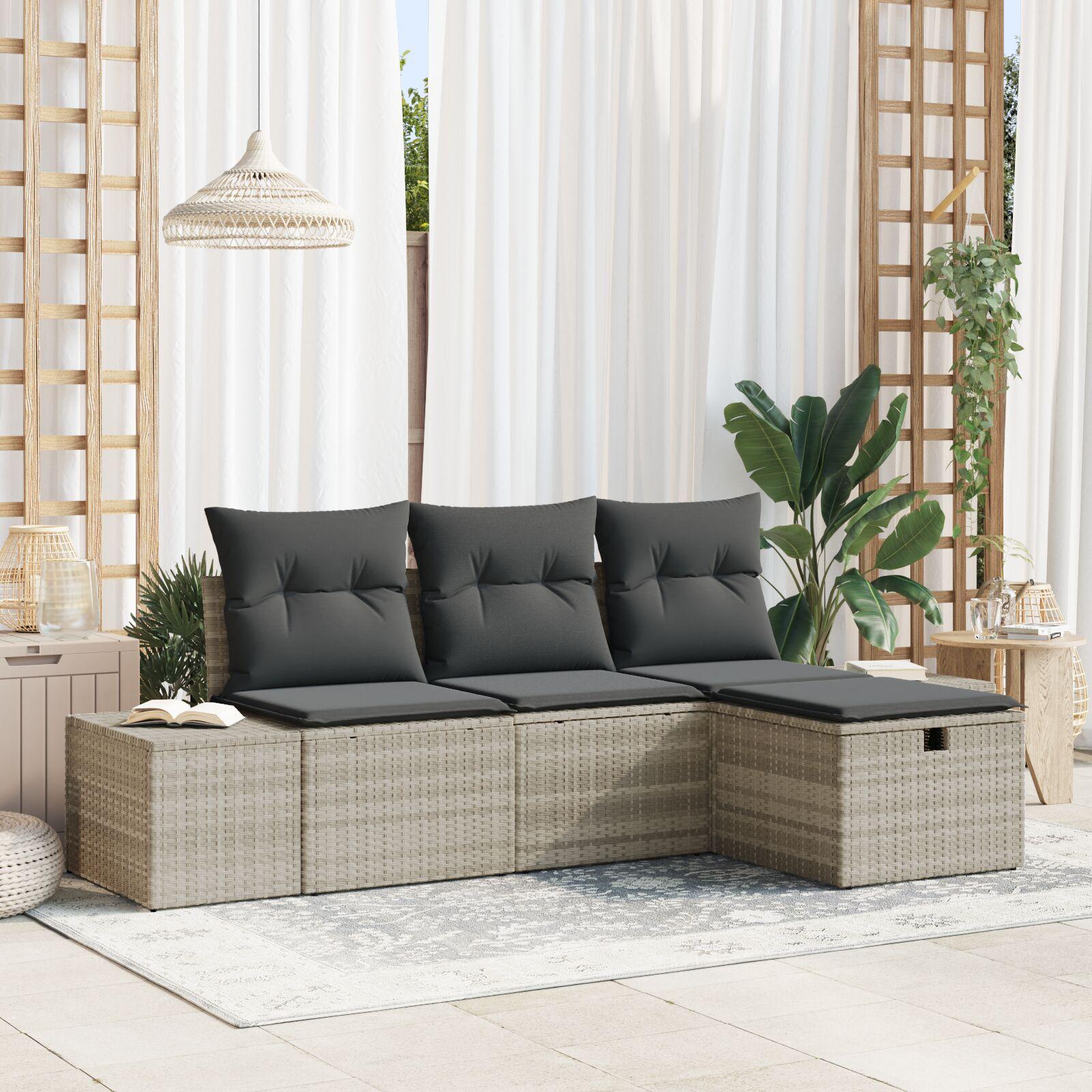 Havesofa Sæt med pude 4 stk Lysegrå Poly rattan