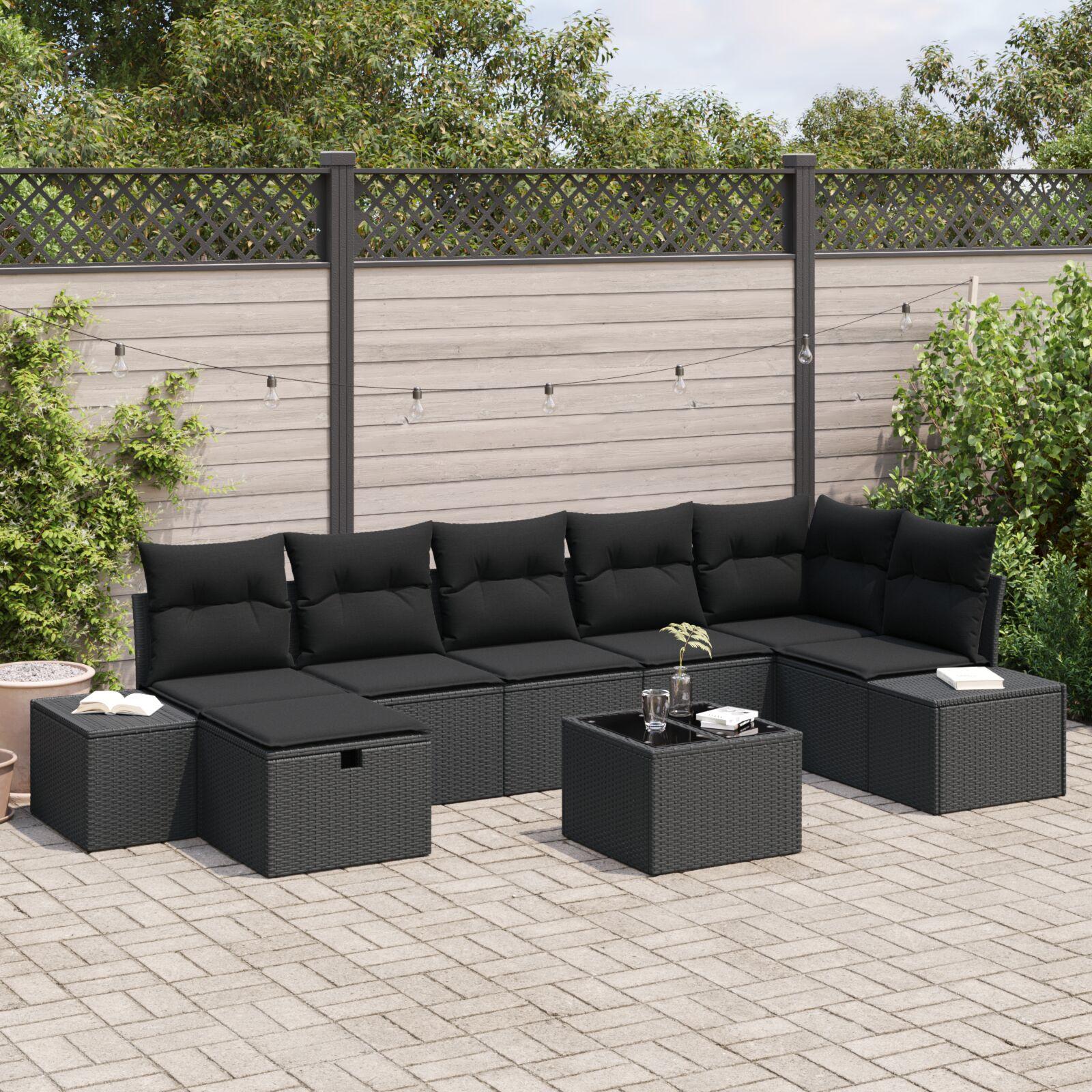 Havesofa sæt i sort polyrattan - modulært loungesæt med puder, 8 dele