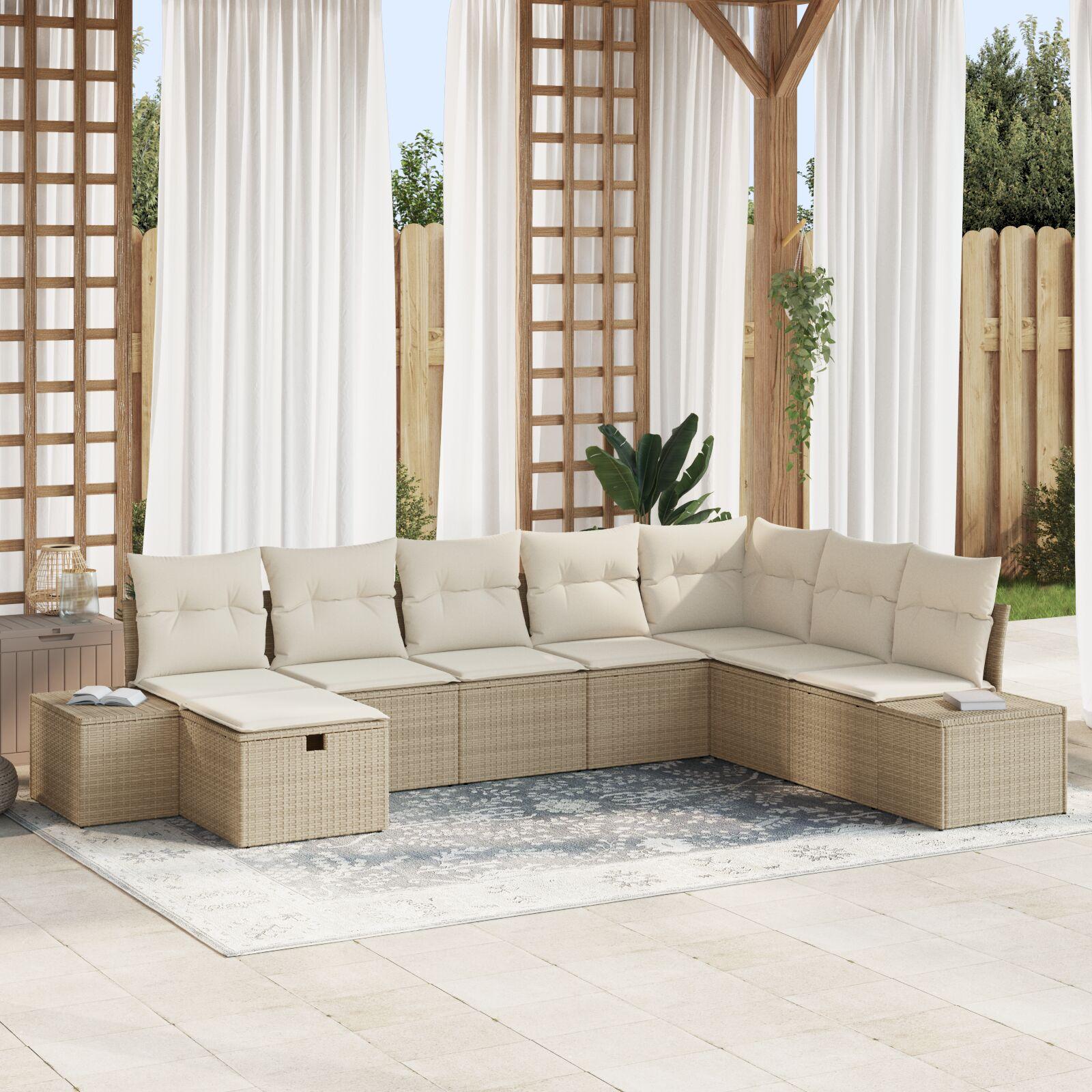 Havesofa sæt i beige polyrattan - modulopbygget loungesæt med puder, 8 pladser