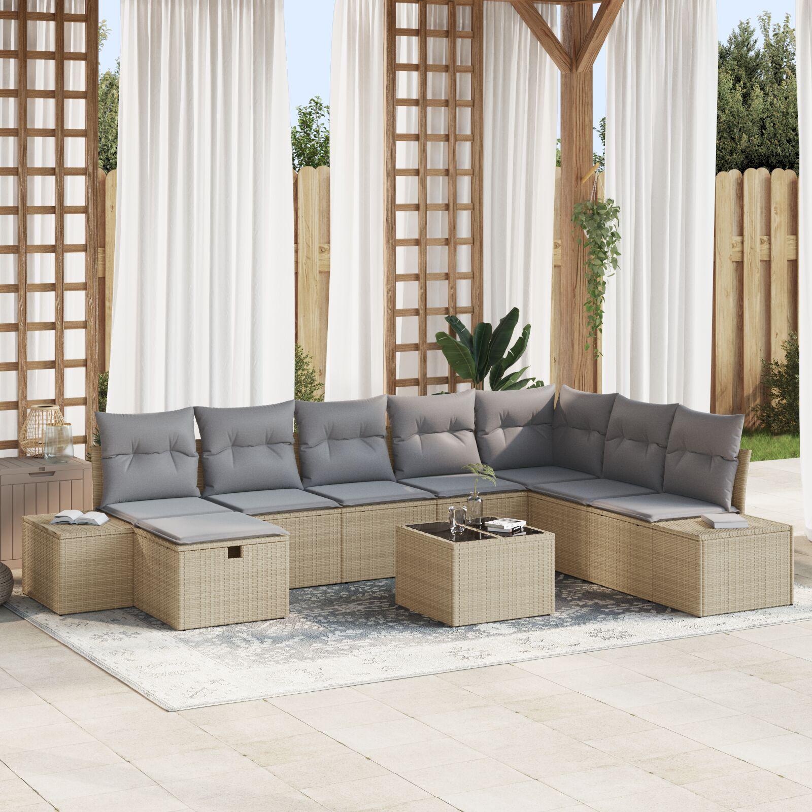 Havesofa sæt 9 stk. i beige polyrattan med lysegrå puder