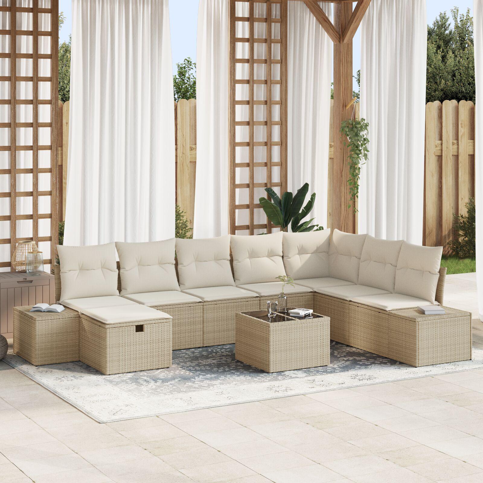 Havesofa SÃ¦t med pude 9 stk Beige Poly rattan