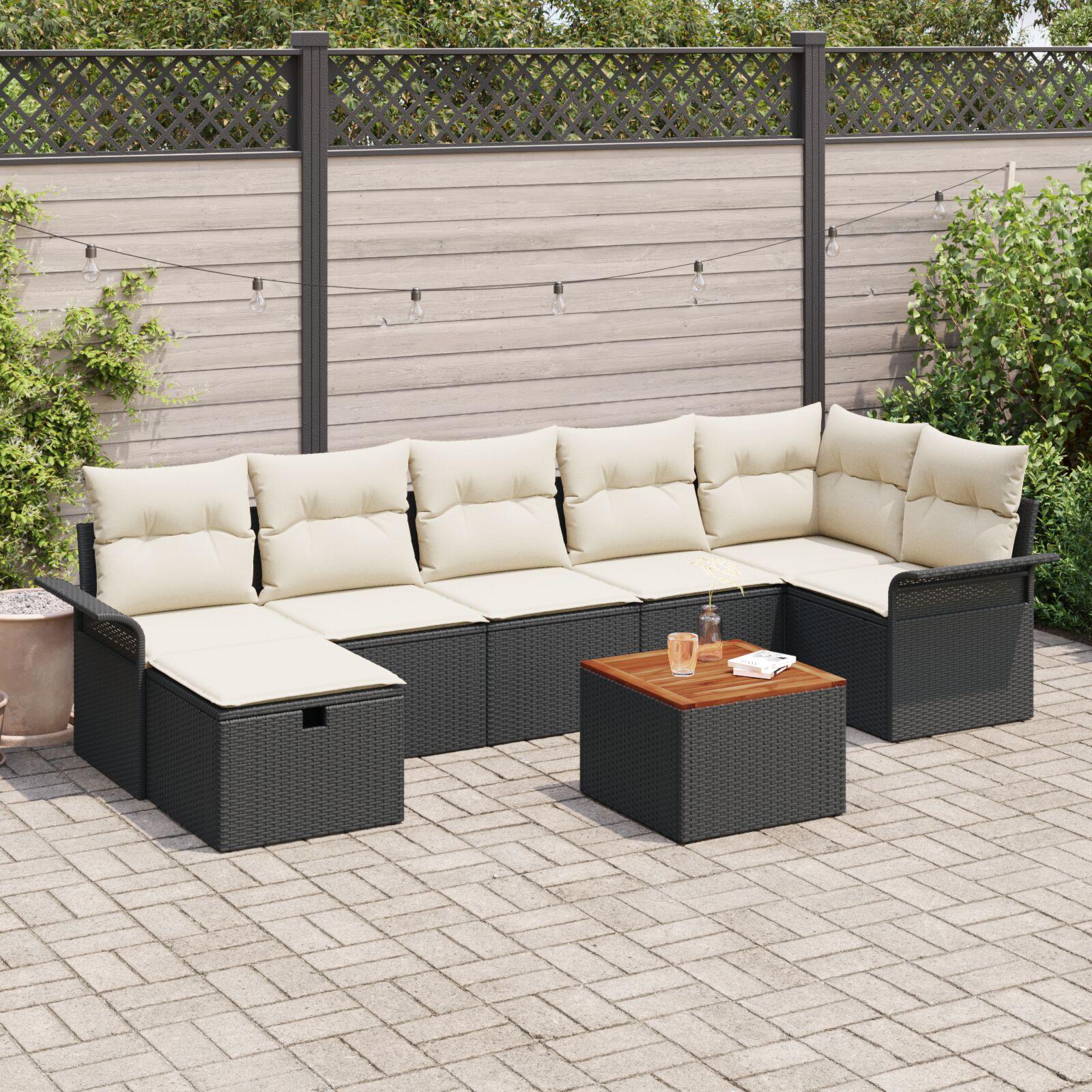 Havesofa sæt med puder og opbevaring - 8 dele, sort polyrattan