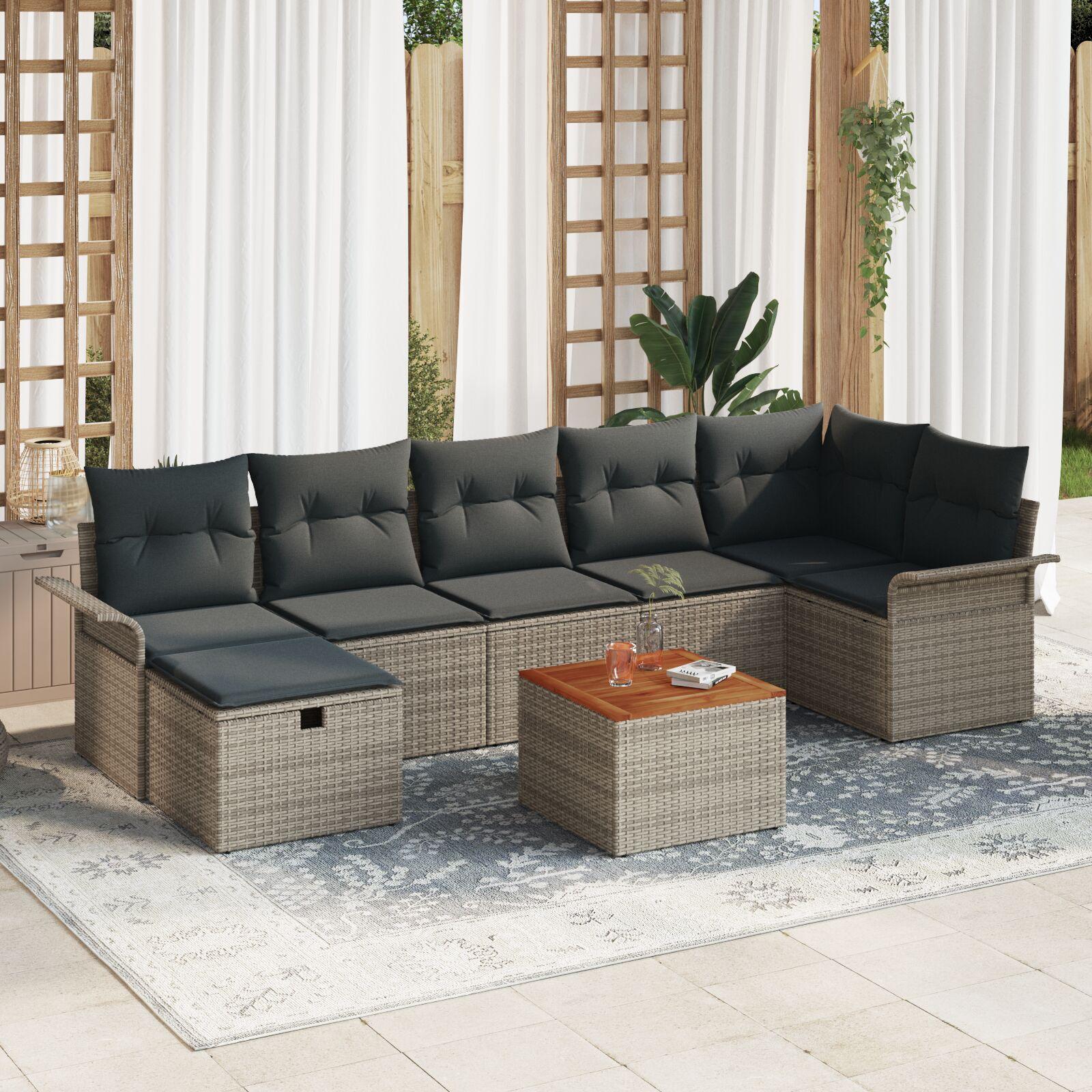 Havesofa-sæt med puder og opbevaring, 8 dele - grå polyrattan