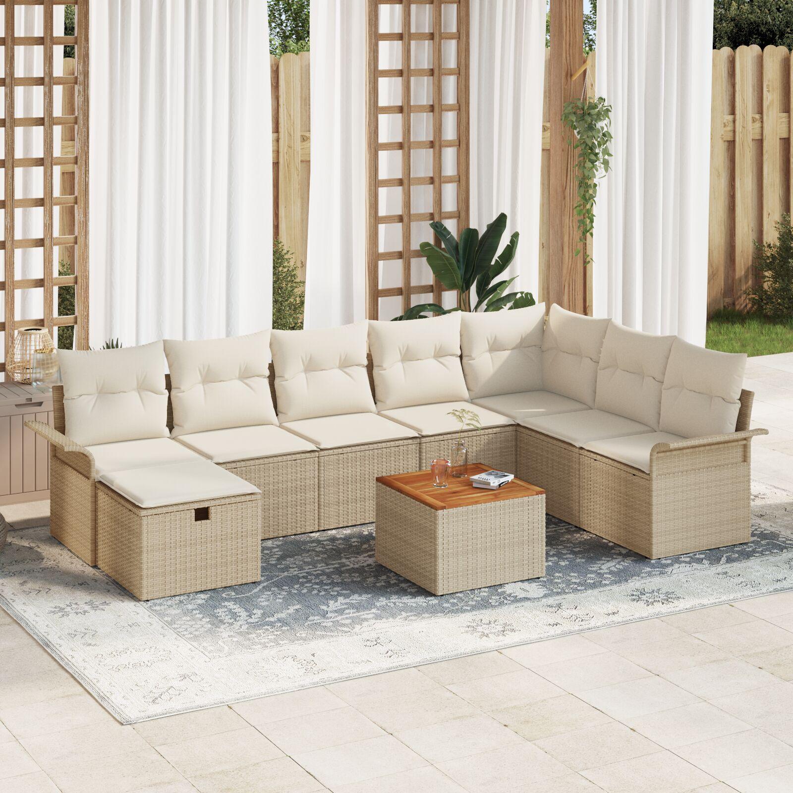 Havesofa Sæt med pude med opbevaring 9 stk Beige Poly rattan
