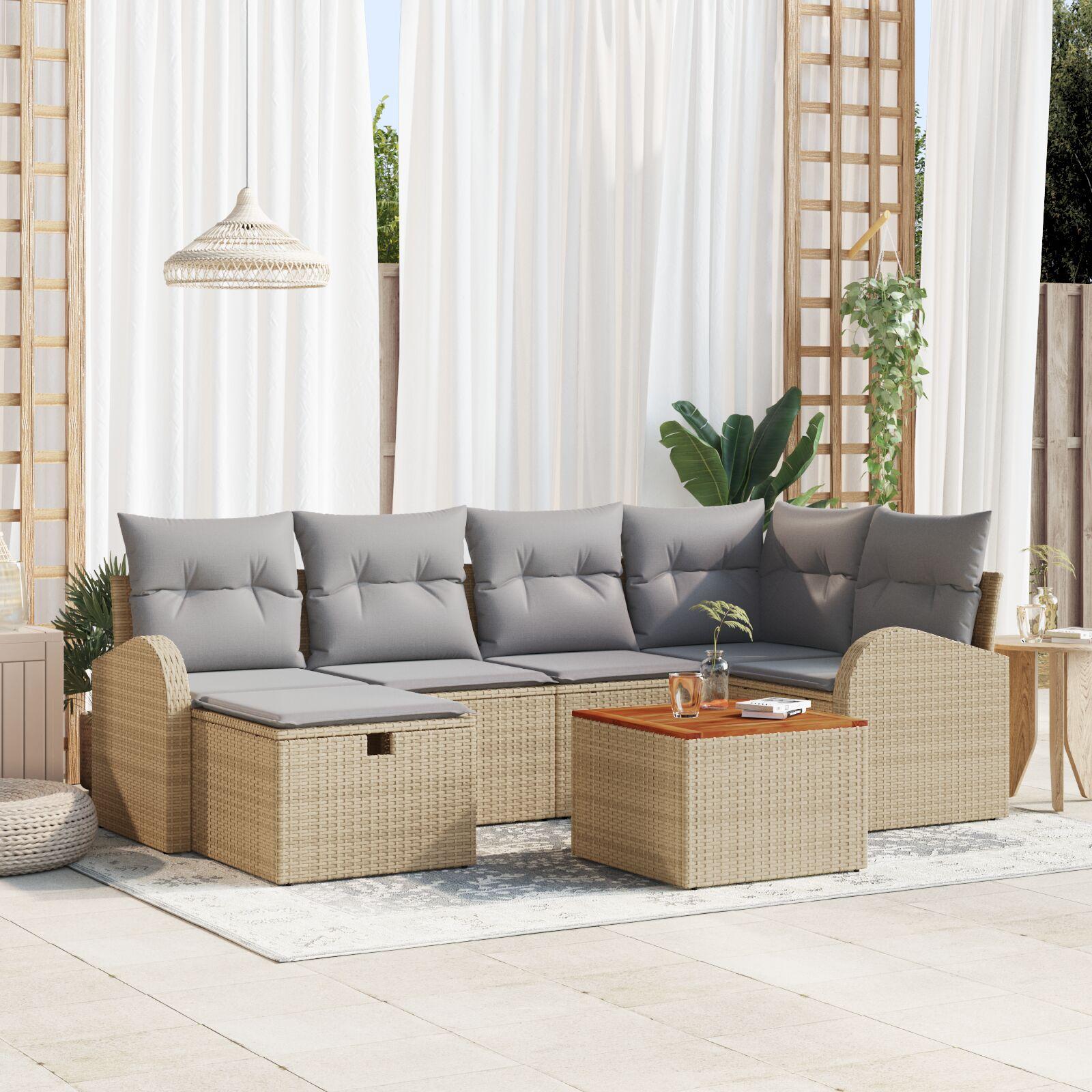 Havesofa Sæt med pude med opbevaring 7 stk Beige Poly rattan