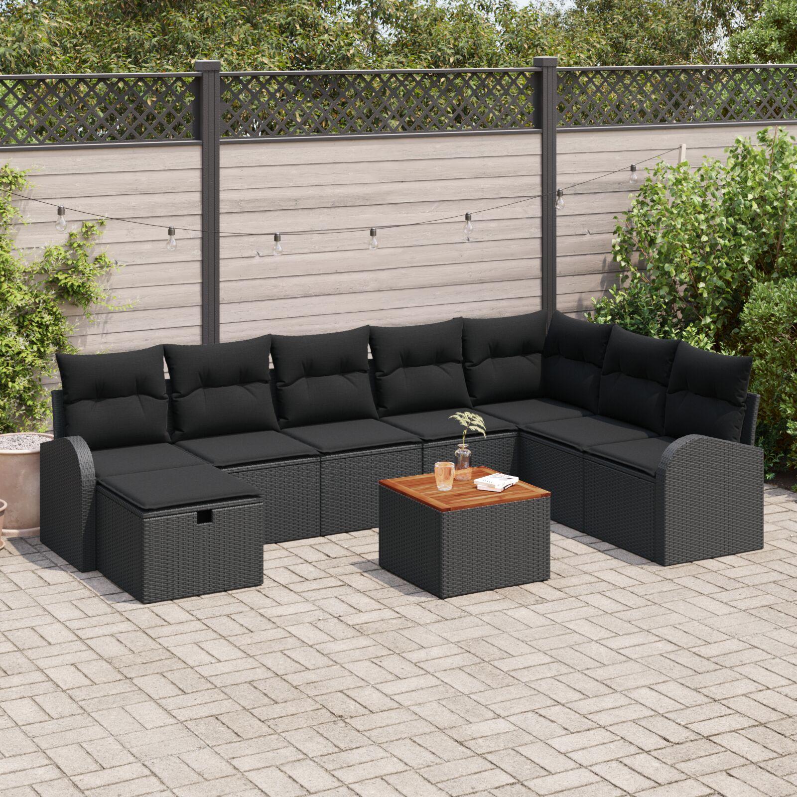 Havesofa Sæt med pude med opbevaring 9 stk Sort Poly rattan